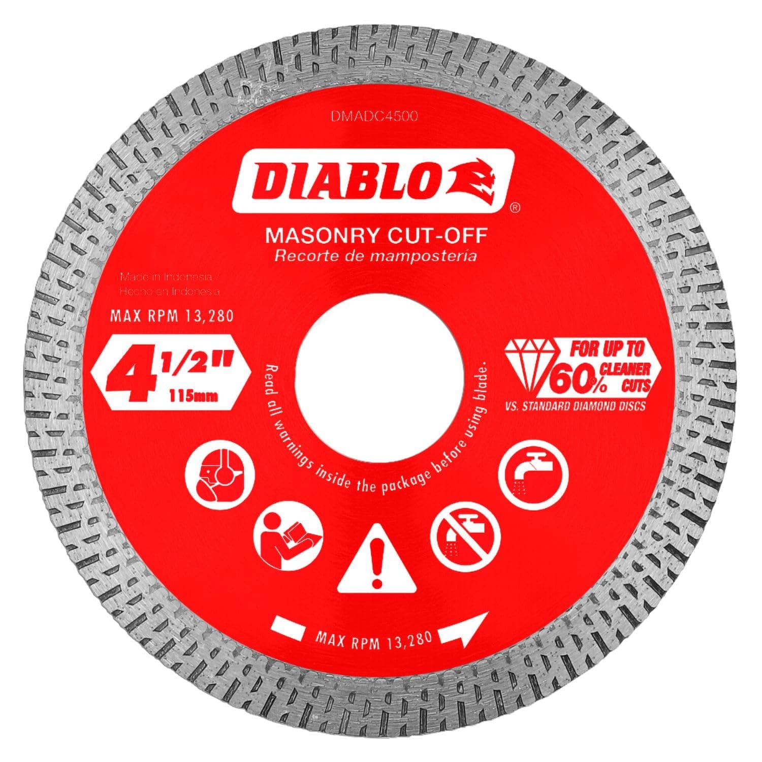 Diablo Diamond Continuous Rim Masonry Cut-Off Disc for Granite, Marble, Porcelain and Tile - 4-1/2" Diameter, 1.4mm Kerf, 13280 Max RPM - DMADC0450