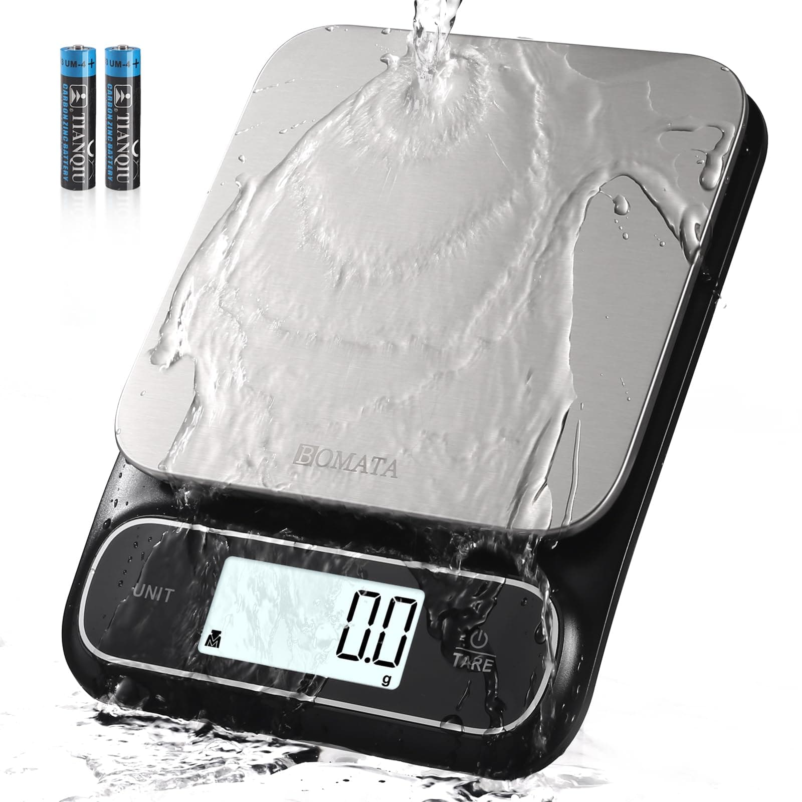 BOMATA Waterproof IPX6 Kitchen Scale, 0.1g High Precision, Max 5kg, Washable, Stainless Steel Weighing Platform, Digital Scale for Food，Cooking, Weight Loss, etc. AAA Black