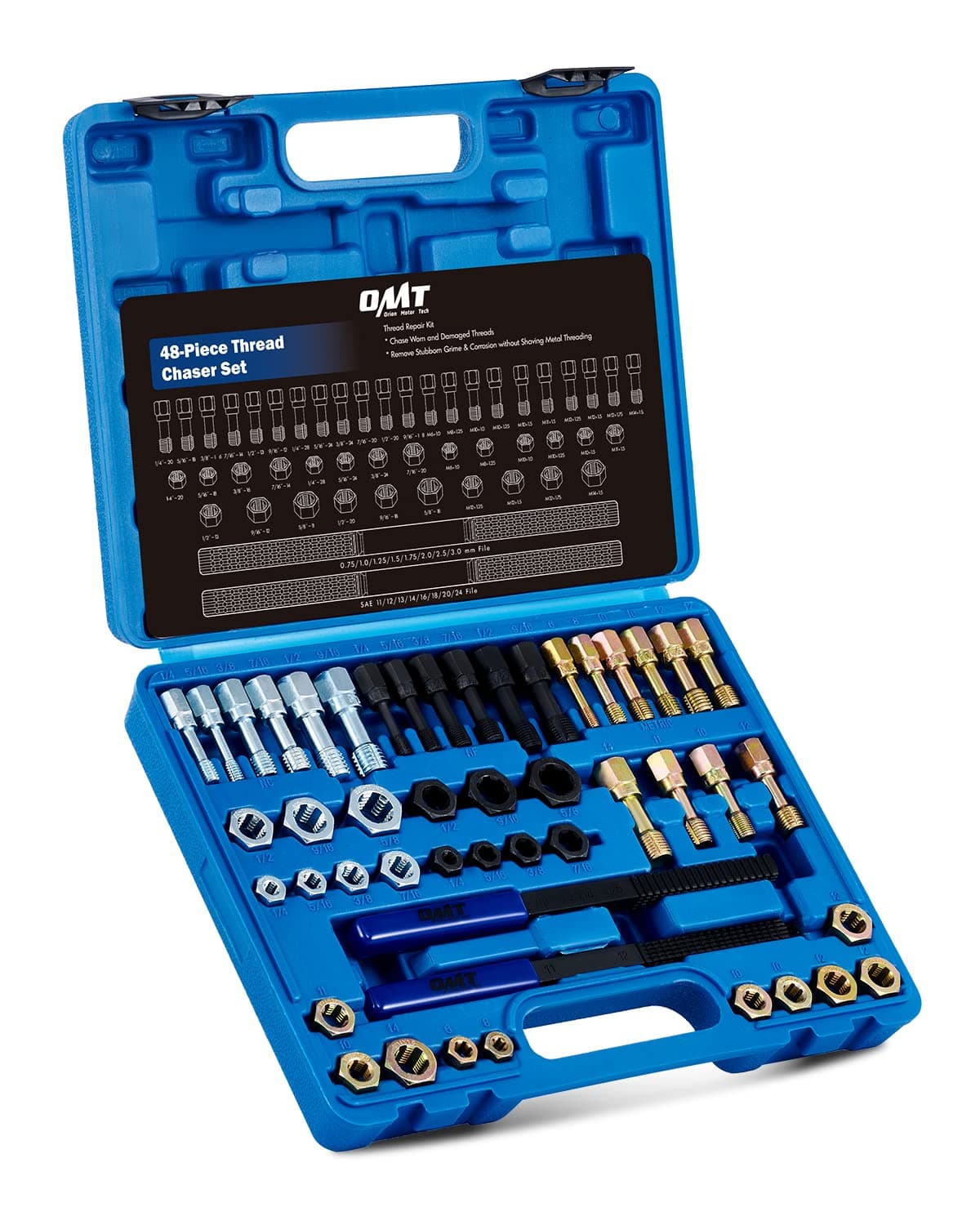 Orion Motor Tech 49 Piece Thread Chaser Set, Metric and SAE Thread Repair Kit with 22 Taps 24 Dies 3 Thread Files, Universal Rethreading Kit Thread Restorer Tool Set in UNC UNF Metric Sizes with Case