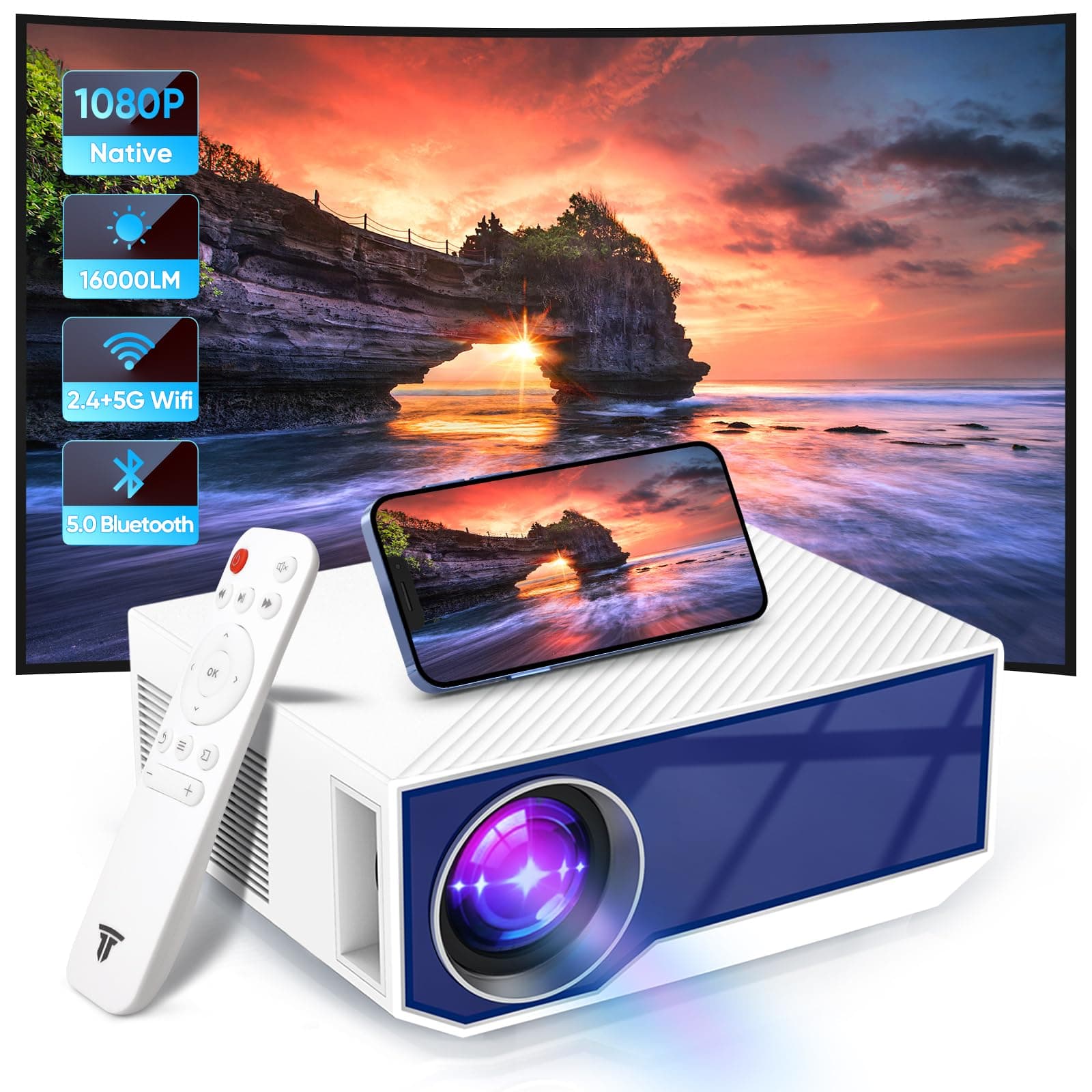 Projector with WiFi and Bluetooth, 16000Lumens Portable Mini Projector,Native Full HD 1080P Outdoor Movie Projector,Smart Projector Compatible with Android/iOS/Windows/TV Stick/HDMI/USB(white)