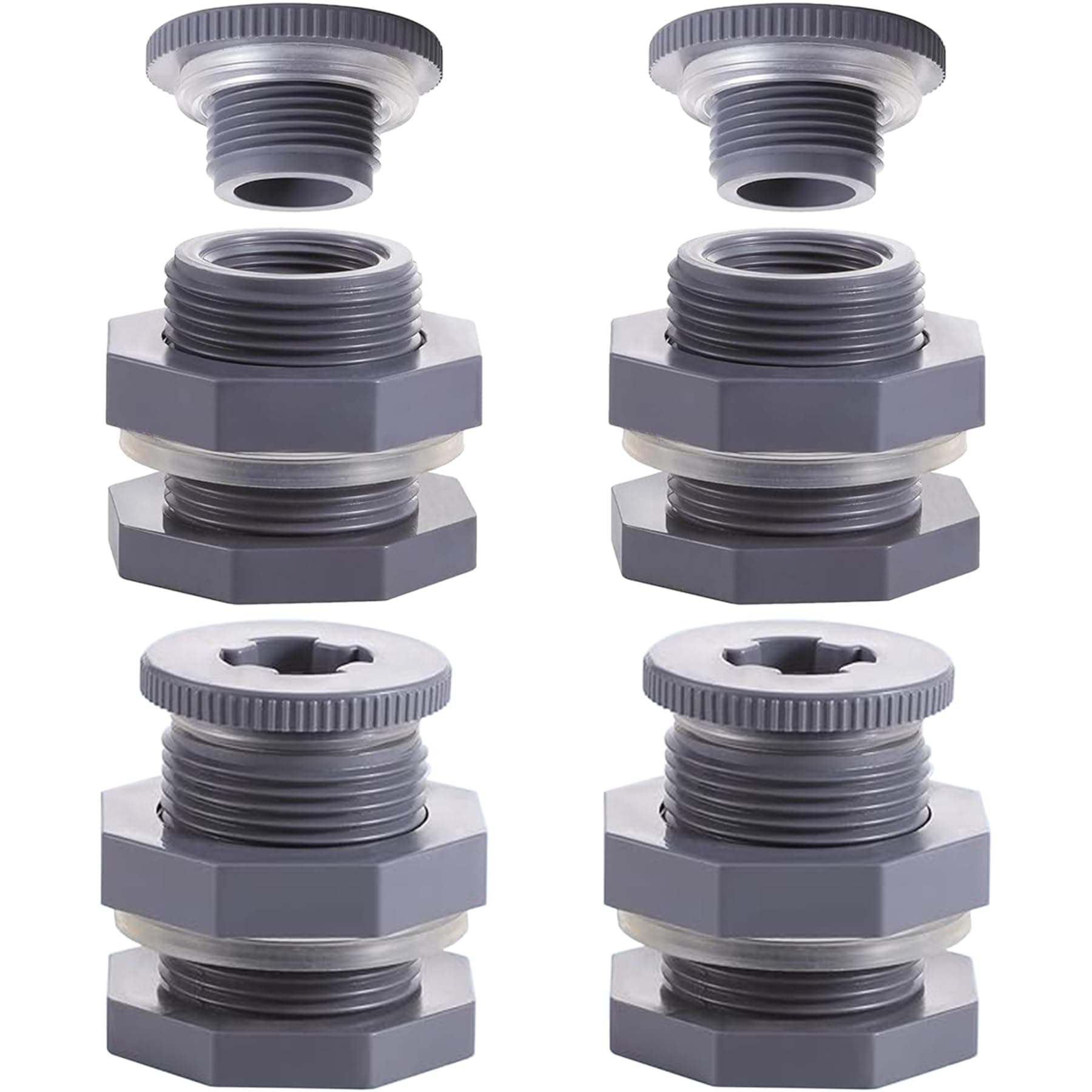 4 Pack 3/4 Inch Female PVC Bulkhead Fitting with Plug and Thick Silicon Seal Gasket,Rain Barrel Connector Kit