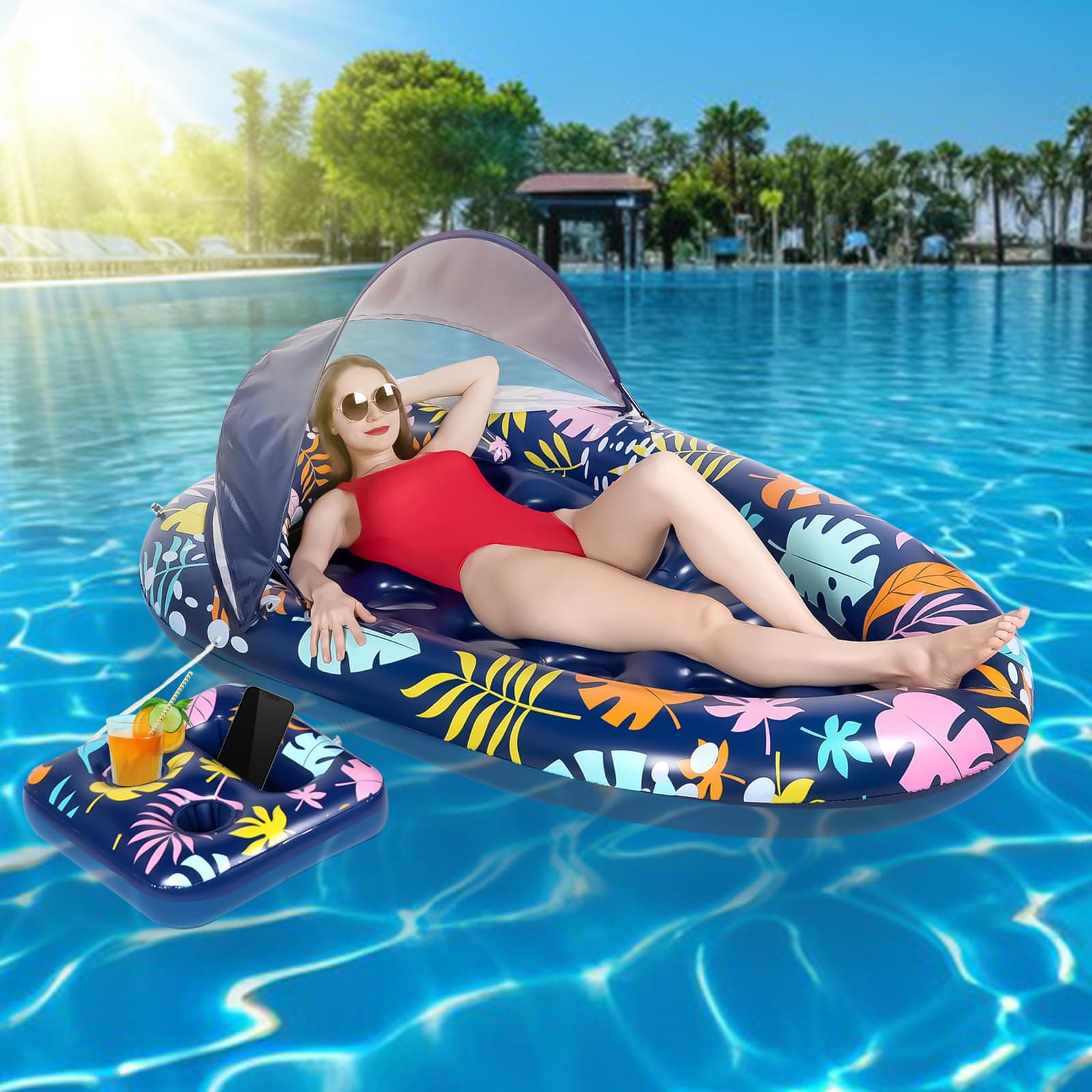 Pool Floats, DNEOVO Inflatable Pool Float Lounge 3-in-1 Detachable Sun Shade Canopy, Adjustable Headrest, 2 Cup Holders for Adults Summer Beach Pool