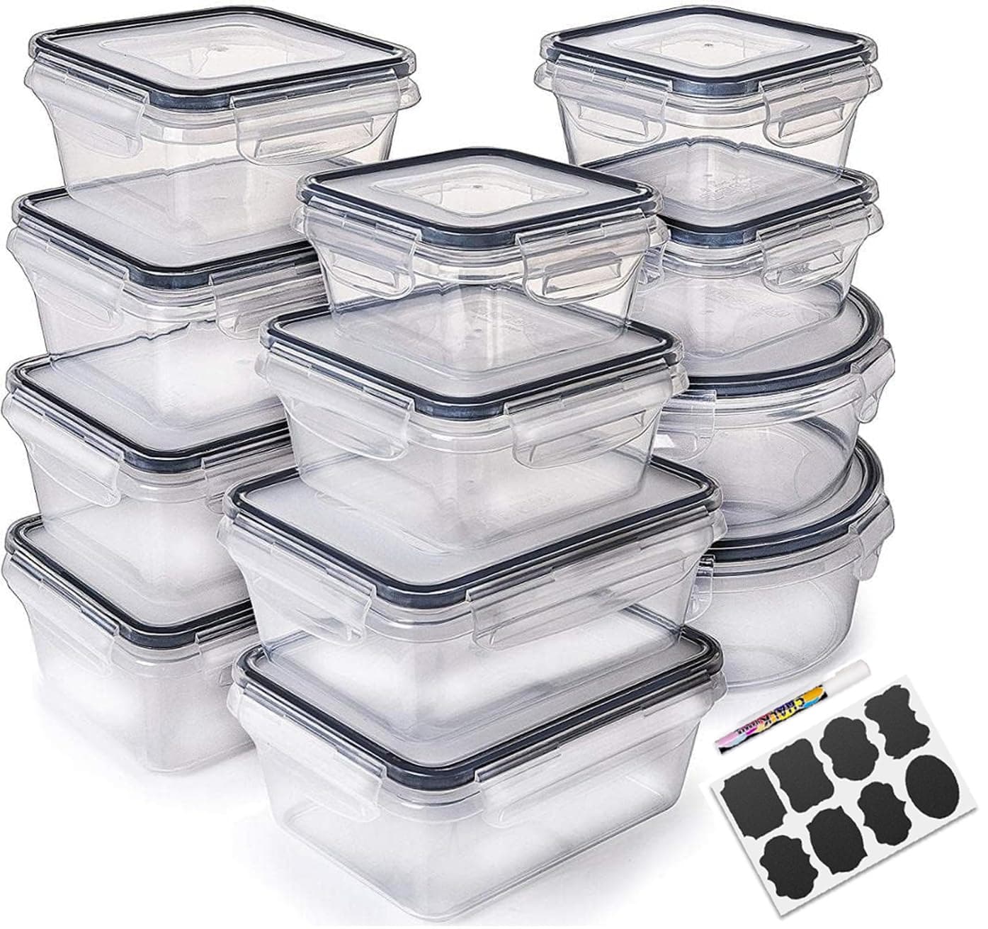 PREMIFY Airtight Meal Prep Container Set with Locking Lids & Labels, 12pcs Re-usable Plastic Food Storage Containers, Stackable Kitchen Organizer Boxes, BPA Free & Microwave Freezer Dishwasher Safe