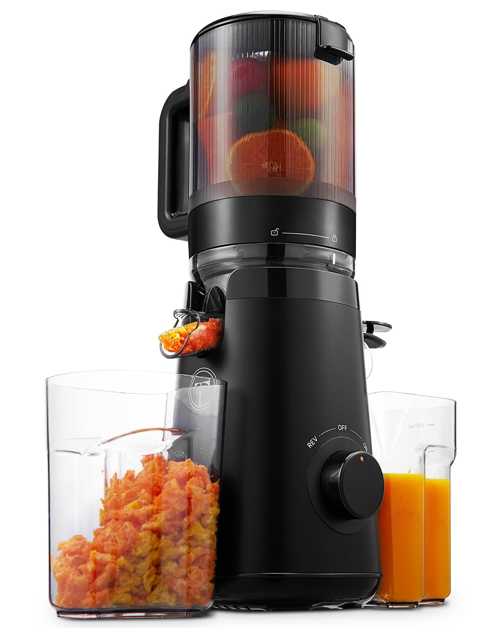 Cold press juicer with 5.3" extra large feed channel, fit for whole fruits and vegetables, easy to clean, high juice performance, free of