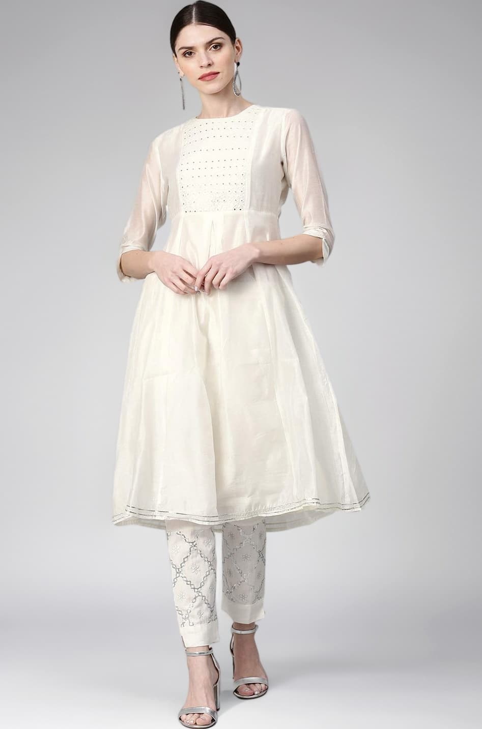 White Cotton Chanderi Embellished A-Line Kurta