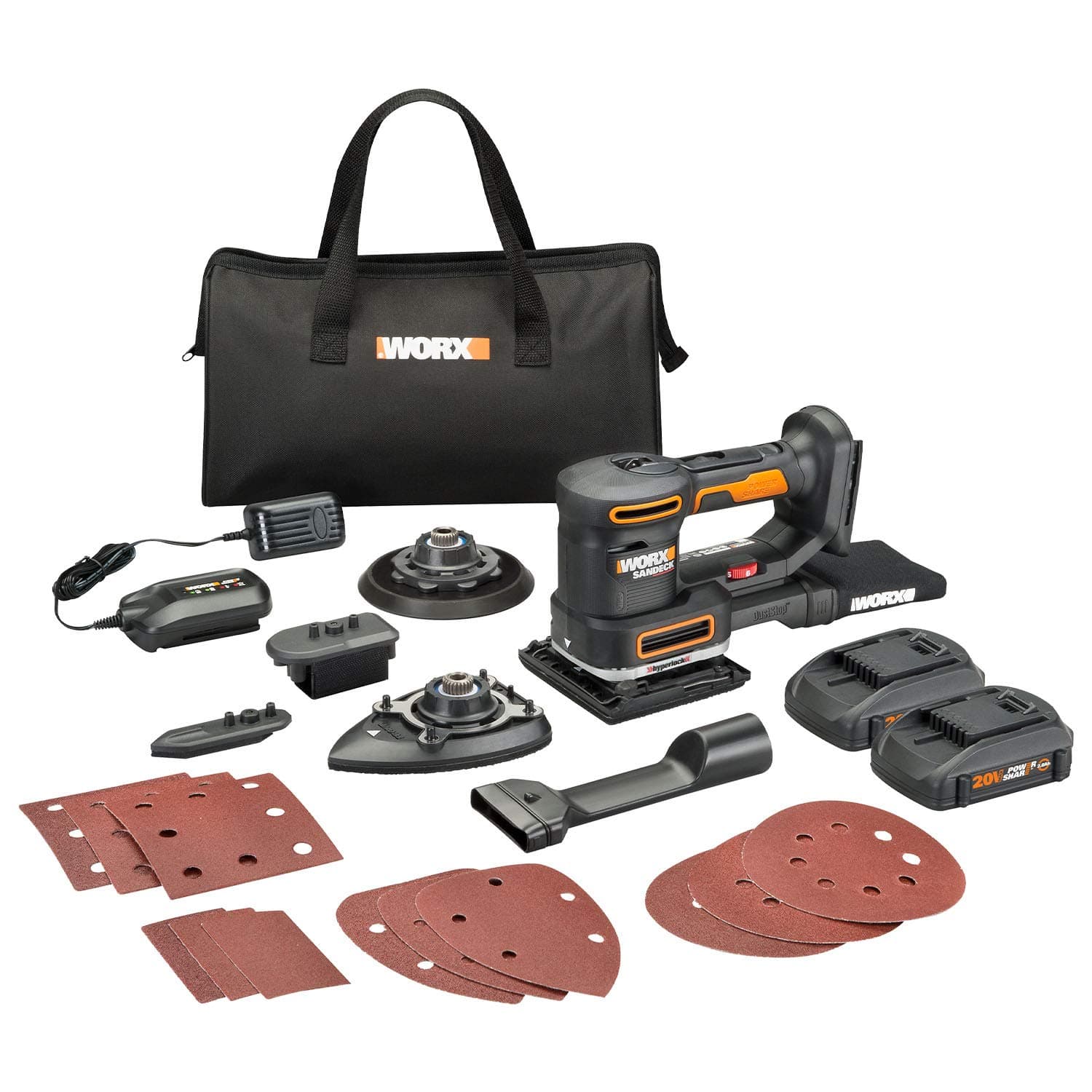 WORX 20V Cordless Multi-Purpose Sander WX820L.2 Multi Sander, tool-less clamping, DustStop micro filter, 2 * 2.0Ah Batteries & Charger included