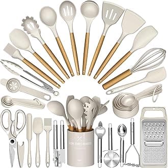 Cooking Utensils Set- Umite Chef Khaki Silicone Kitchen Utensils Set, 34PCS Heat Resistant Kitchen Gadgets Tools Set with Grater, Wooden Handle Kitchen Spatula Set for Nonstick Cookware