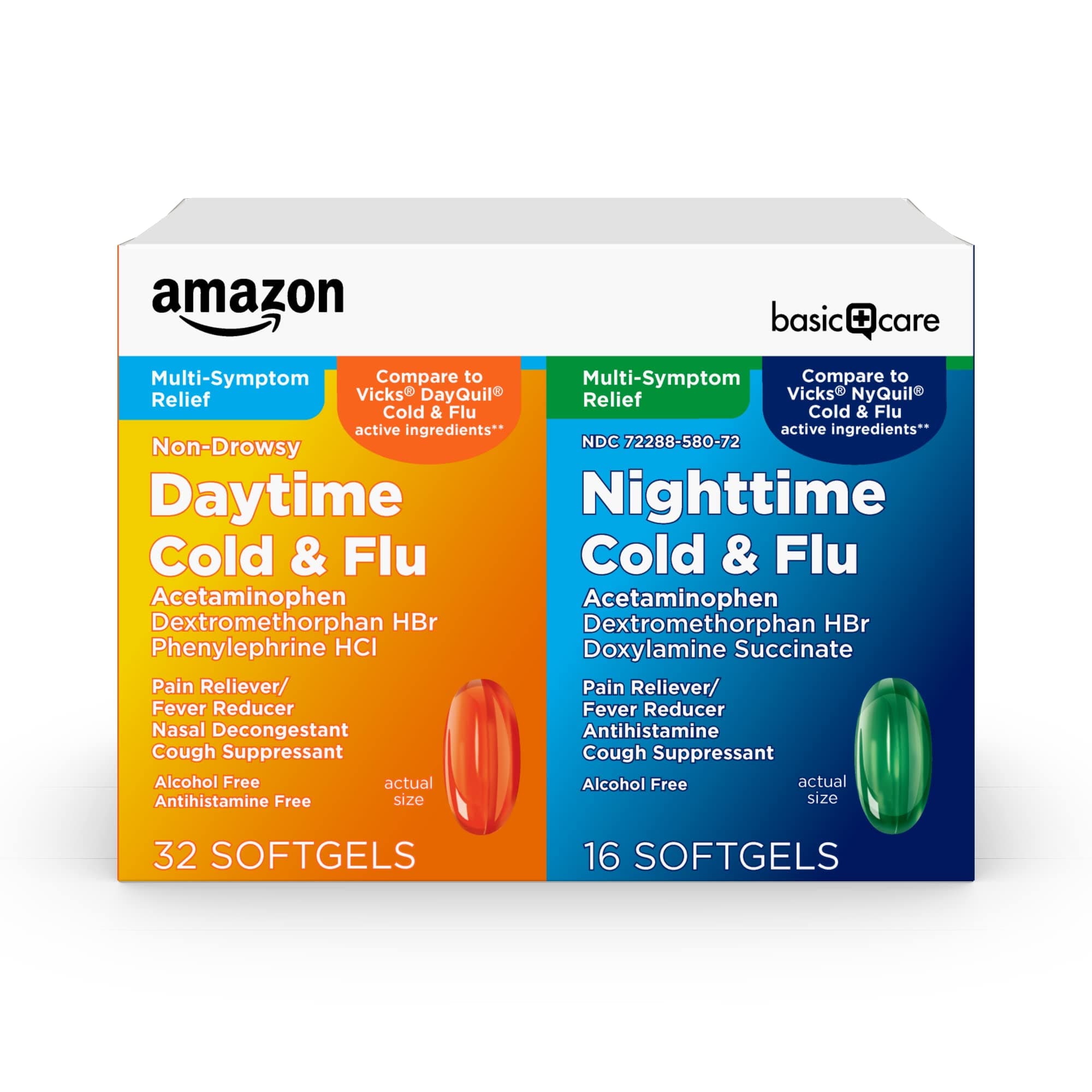Amazon Basic Care Cold and Flu Relief, Daytime and Nighttime Combo Pack Softgels for Multi-Symptom Relief, Sore Throat, Cough, Nasal Congestion, Headache, 48 Count (Pack of 1)