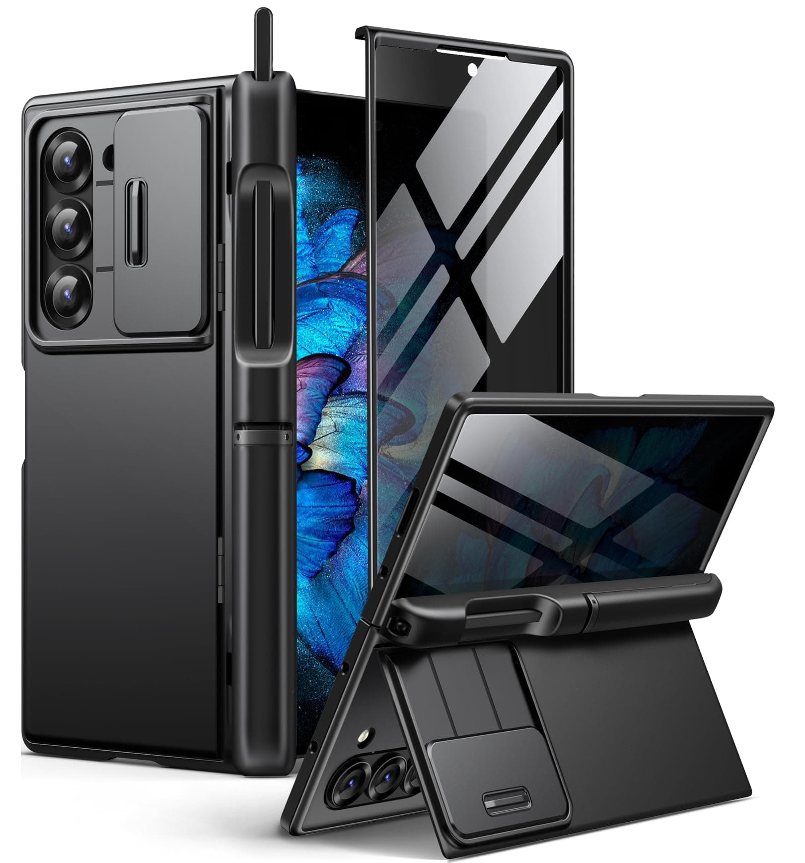 BERFY for Z Fold 6 Case with Screen Protector, Built-in S Pen Holder, Slide Camera Cover, Hidden Kickstand, Full Body Shockproof Slim Phone Case for Samsung Galaxy Z Fold 6, Privacy Black