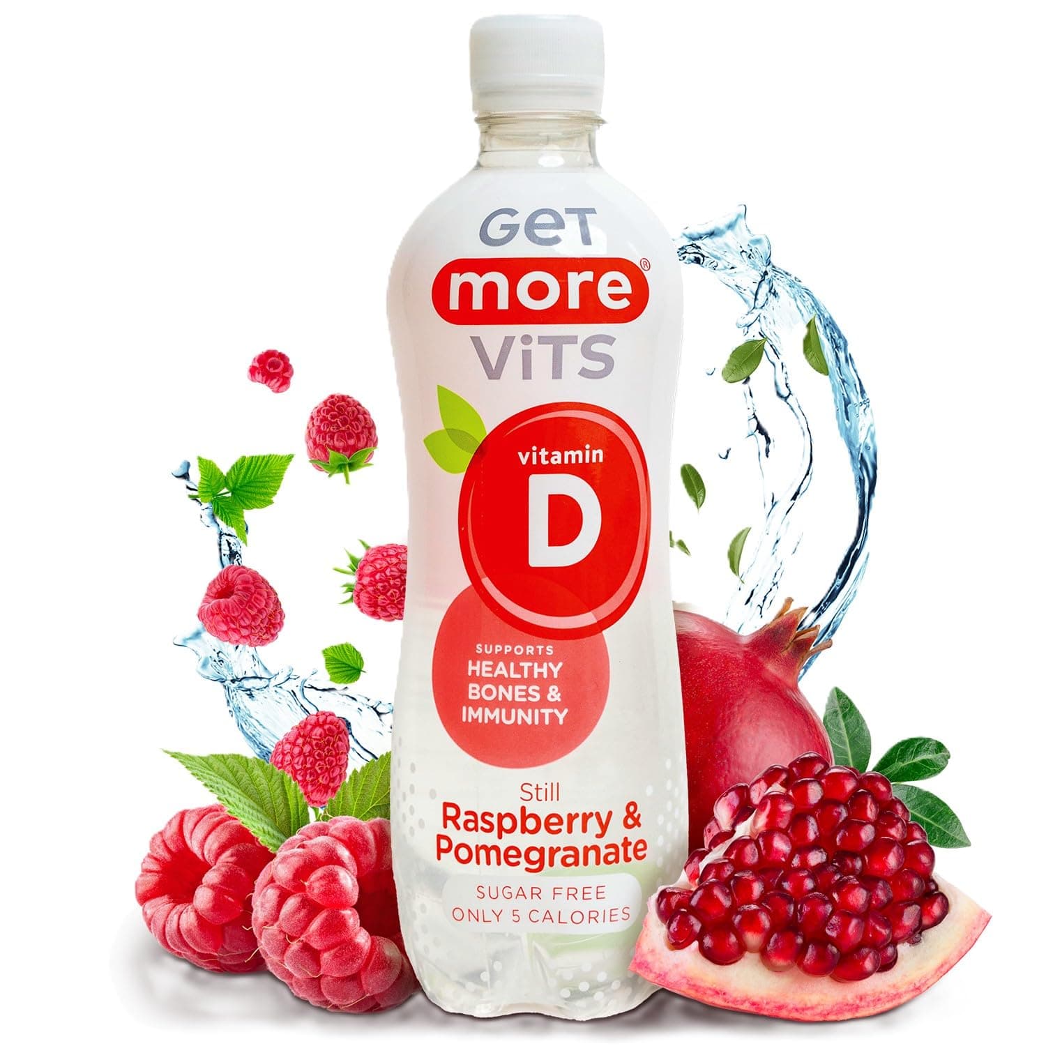 Get More Vits - Vitamin D Still Raspberry & Pomegranate Spring Water (12 x 500ml), Support Healthy Bones, Teeth & Muscles, Boost Immune System, Sugar Free, Low Calorie, Natural Flavours, Vegetarian