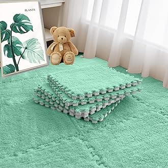 16pcs 0.6" Thickened Interlocking Tile Mats,Fluffy Shaggy Soft EVA Foam Area Rug for Living Room & Bedroom,Non-Slip Protective Floor Carpet Play Mat Kids Dorm Home Decor (11.8ft, Mint Green)