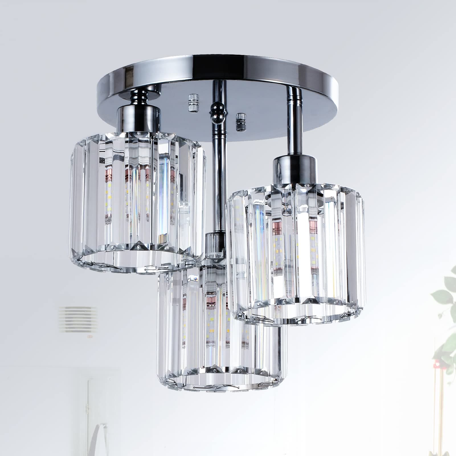 Semi Flush Mount Ceiling Light,3-Light Modern Close to Ceiling Light Fixtures,Kitchen Light with Clear Crystal Shades, Hallway Light Fixtures for Kitchen Entryway Bedroom Bathroom Foyer