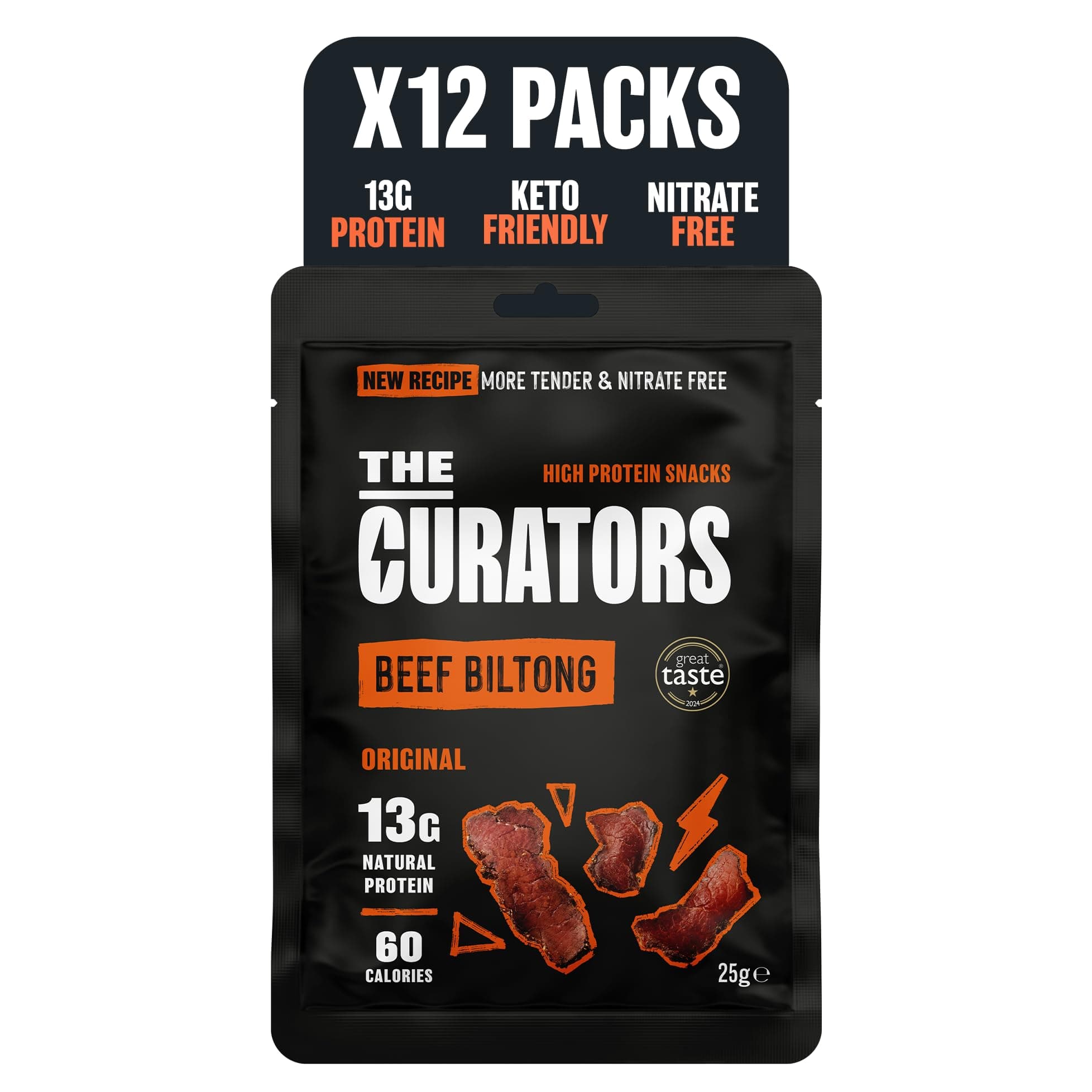 The Curators, Original Beef Biltong (12 X 25g pack), Nitrate Free, High Protein, Zero Carb, Low Calorie, Gluten Free, Prime Cuts of British & Irish Grass Fed Beef, Keto & GLP Friendly Savoury Snack