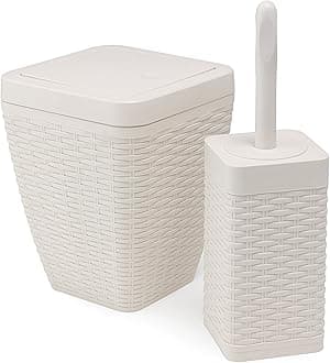AddisFaux Rattan Square Bathroom Set Includes Swing Bin & Toilet Set Brush, Calico Linen - Faux Leather Plastic