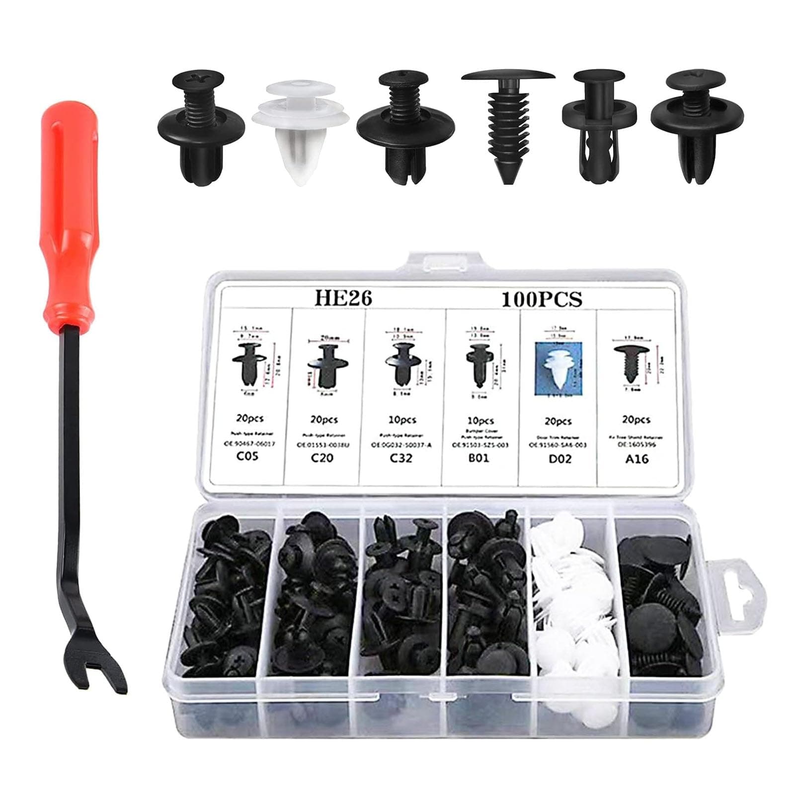 100 PCS Car Bumper Retainer Clips, Complete Sizes Quantities Nylon Fasteners Rivet Replacement Kit, Push-in Screw Bumper Push Rivet Clip with Disassemble Tool, for Most Models (Black)