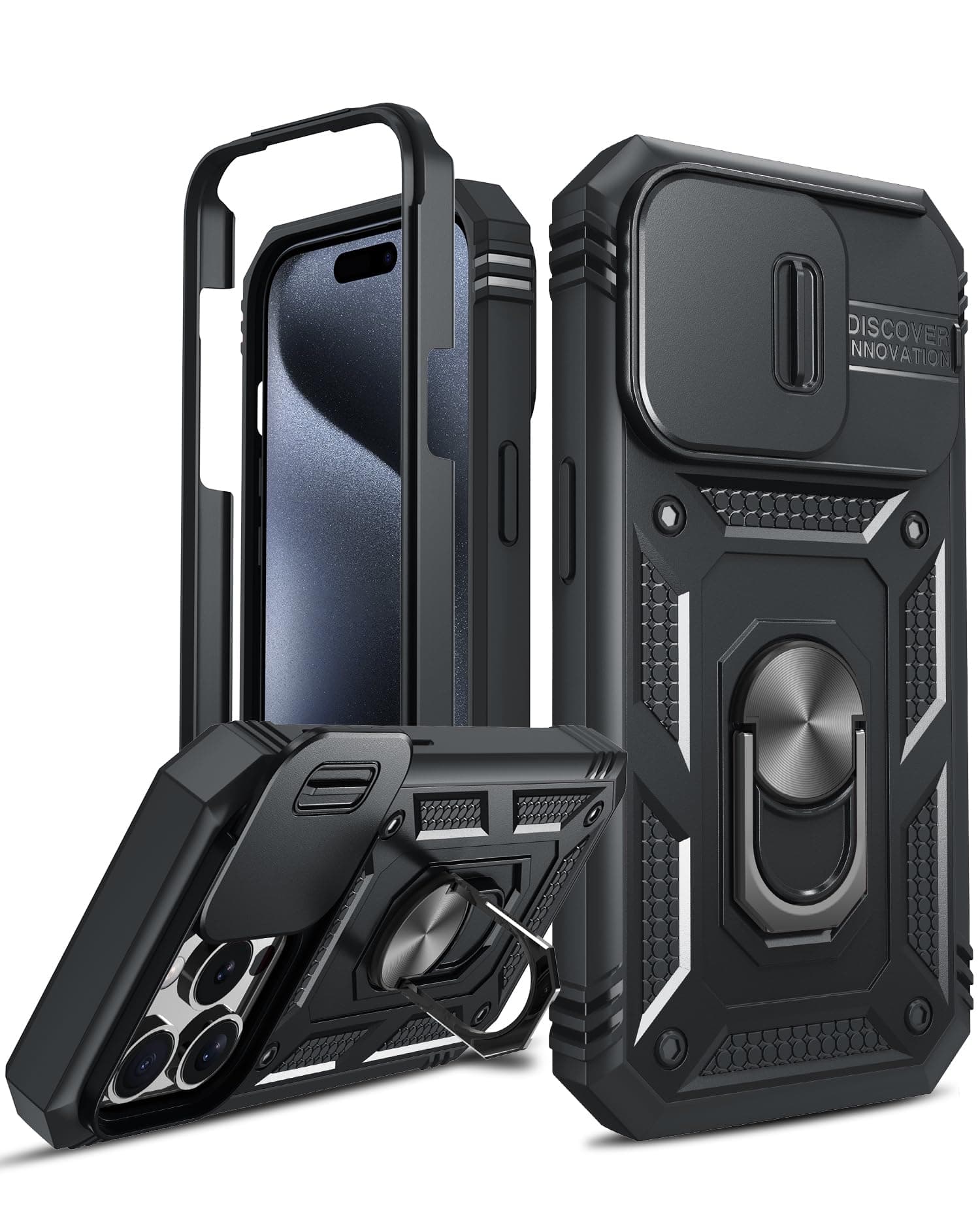 LeYi for iPhone 15 Pro Case with Camera Cover Slider(Not include Screen Protector), Front Frame+Back Case, Full Body Armour Military Grade Shockproof Phone Cover | Ring Stand Holder BlackGlobal Recycled StandardGlobal Recycled StandardGlobal Recycled Standard