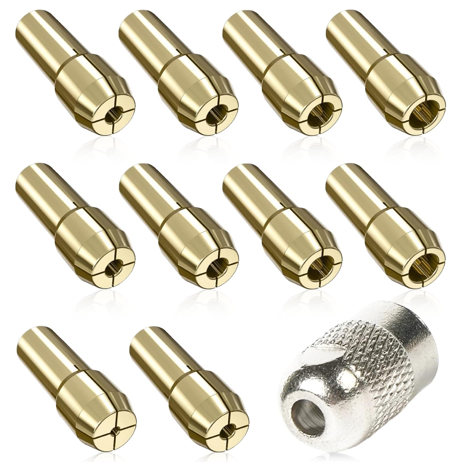 Brass Collet Chuck Shank Rotary Tools, 10 Pcs Drill Chuck with 1Pcs M8 Collet Nut, 0.5-3.2mm Grinding Collet Set, Chuck Replacement Accessory for Rotary Tool