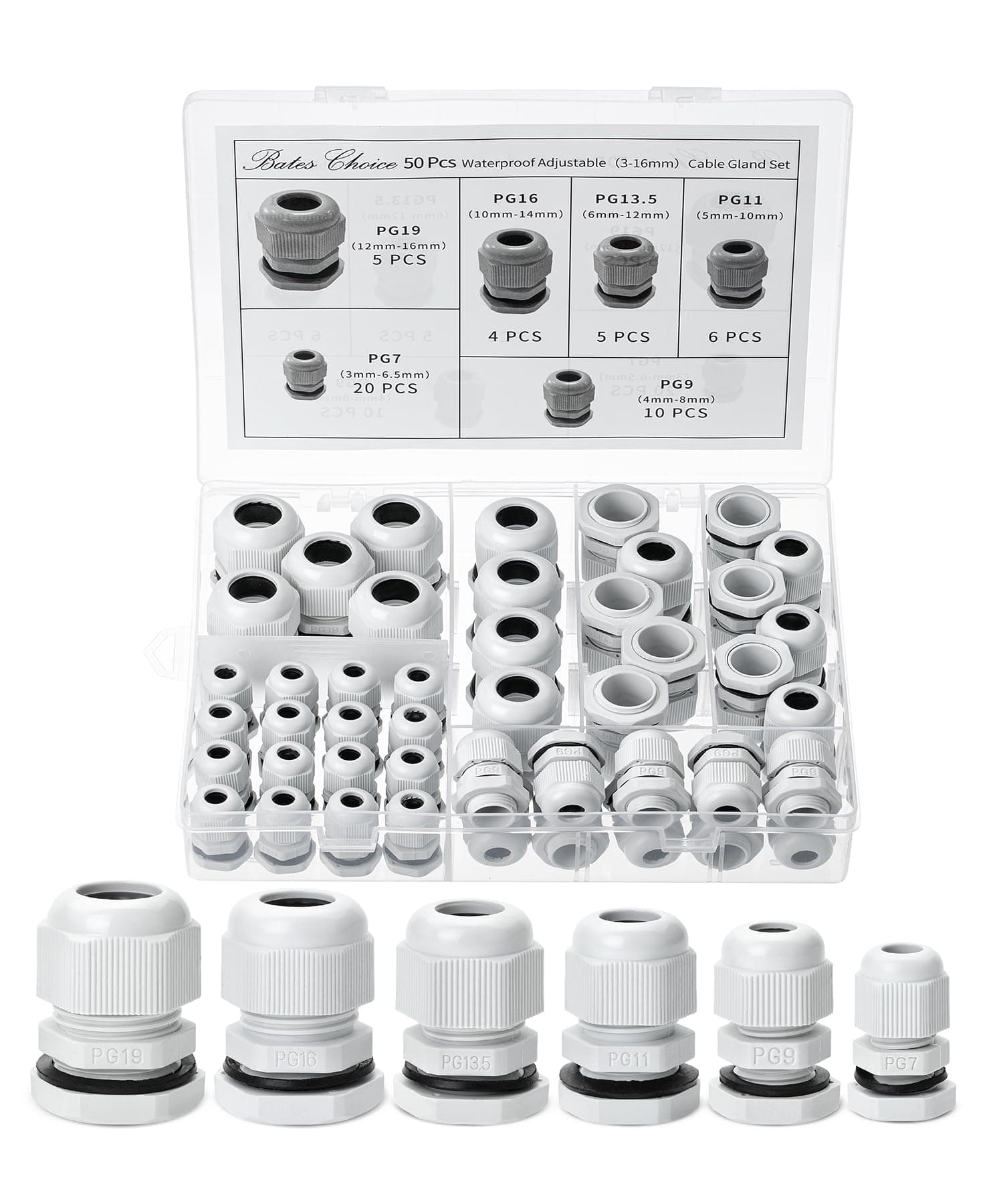 Bates- Nylon Cable Gland, 50 pcs, 3-16 mm Cable Gland Connectors, PG7, PG9, PG11, PG13.5, PG16, PG19, Waterproof Cable Connector, Cord Grip, Plastic Cable Connector, Cable Glands Waterproof