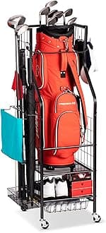 Golf Bags Storage Garage Organizer - Golf Bag Stand Fit Single Golf Bags, Golf Clubs, and Golf Equipment Accessories, Golf Bag Storage Rack with Wheels for Garage, Club, Shed, Basement