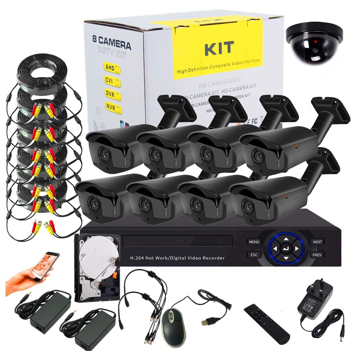 Tomvision 8Channel AHD CCTV surveillance Kit with 8CH DVR Security Recording System and 8Pcs Black Case Metal Outdoor Bullet DVR KIT P2P Clouds Home Security with 1000GB Hard Disk