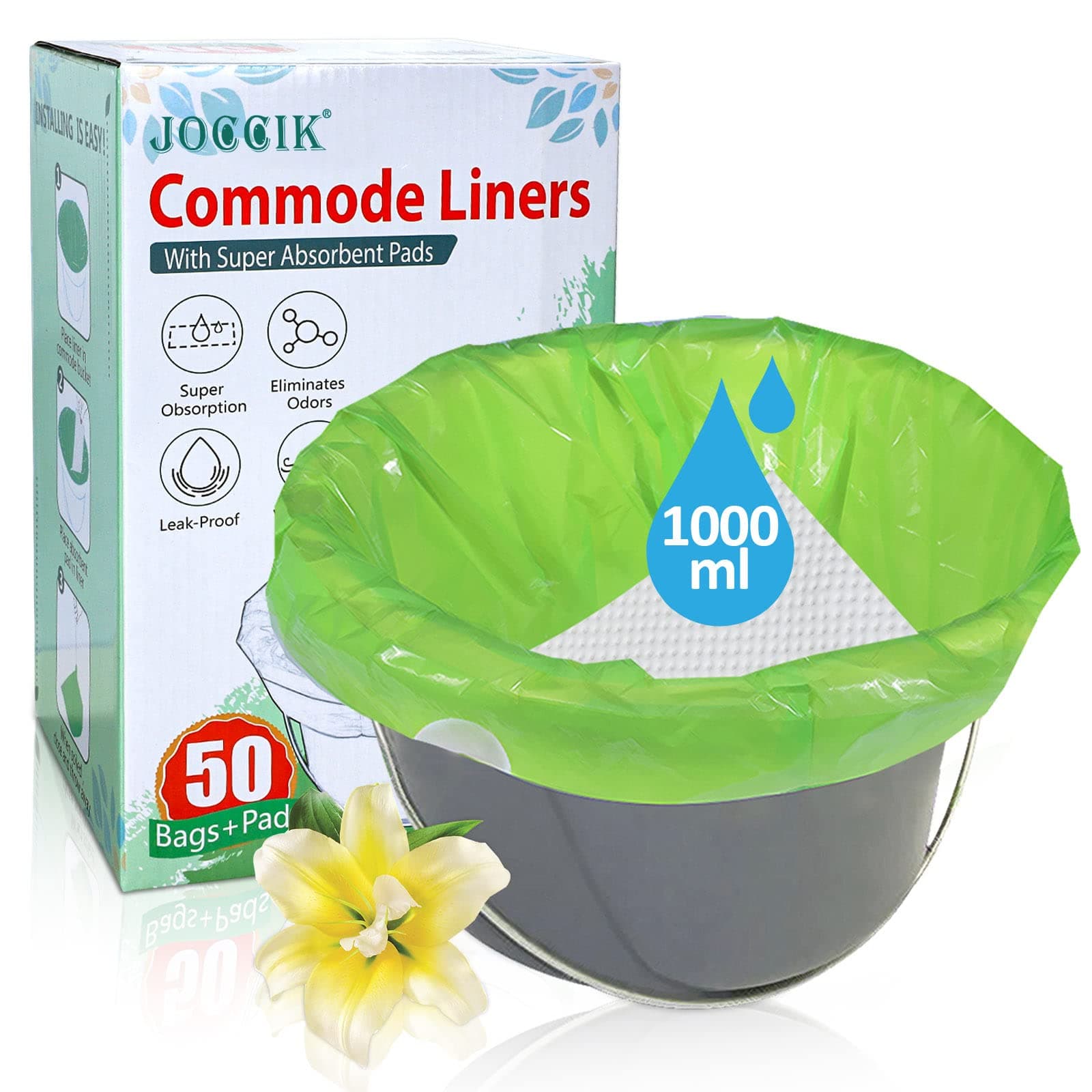 Commode Liners for Bedside Commode with Super Absorbent Pad 50 Pack Disposable Bags Universal Fit All Standard Toilet Chair Bucket