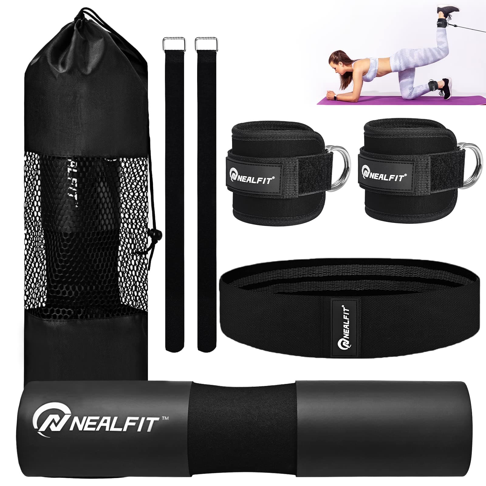 NEALFIT Barbell Pad Set for Squats, Lunges and Hip Thrusts, Neck & Shoulder Protective Pad, Standard Olympic Bars with 2 Gym Ankle Straps, Hip Resistance Band, Barbell Pad, Carry Bag (Black)