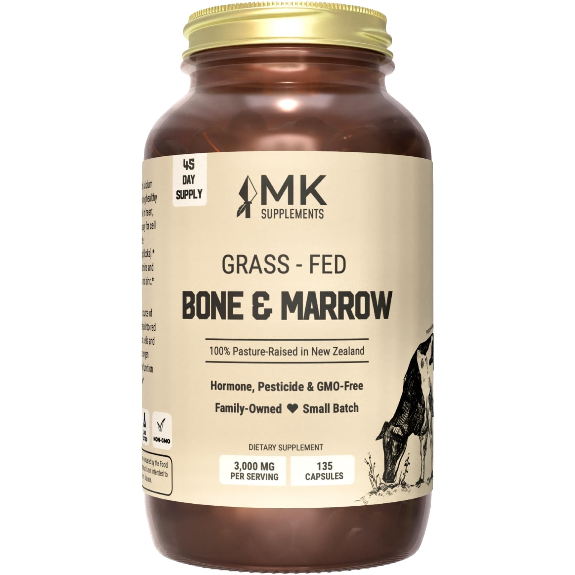 MK Supplements Grass-Fed Bone & Marrow Capsules | Collagen Types I & II + Bone Peptides + Marrow | Whole-Food Calcium Matrix | New Zealand Raised | 135 Capsules