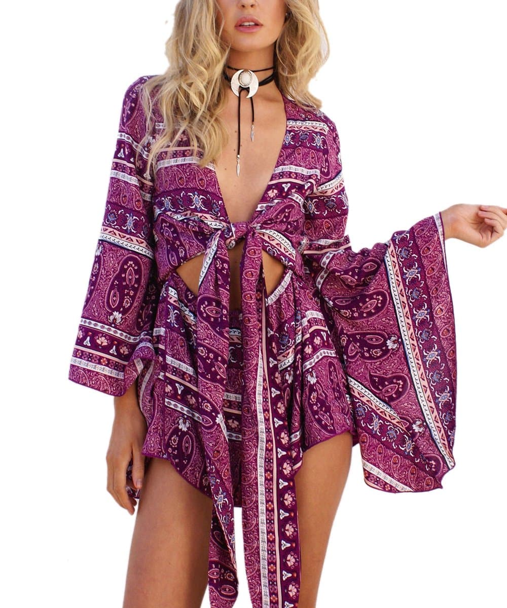 AELSON Women's Boho V Neck Print Romper Playsuit With Long Flare Sleeves