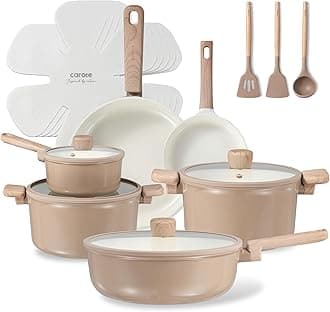 CAROTE18 Piece Ceramic Pots and Pans Set Non Stick, Healthy Cookware Set, PFAS/PFOA Free, Kitchen Cooking Set with Frying Pans, Taupe