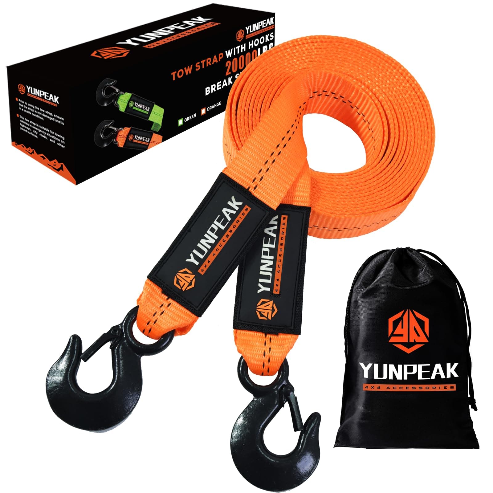 Tow Strap with Hooks, 2" x 20ft (20,000lbs) Heavy Duty Recovery Towing Strap with Forged Steel Hooks, Car Tow Strap for UTV, ATV, Truck(Orange)