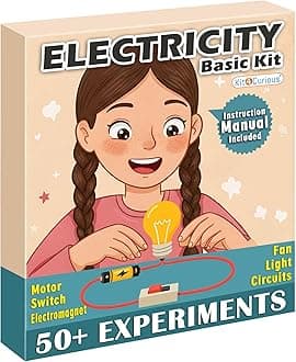 Kit4Curious Basic Electricity kit - 50 Experiment Science DIY STEM Learning Electric Circuit Project Kit – Motor, Fan, Bulb, Electromagnet, Switch, Wire etc