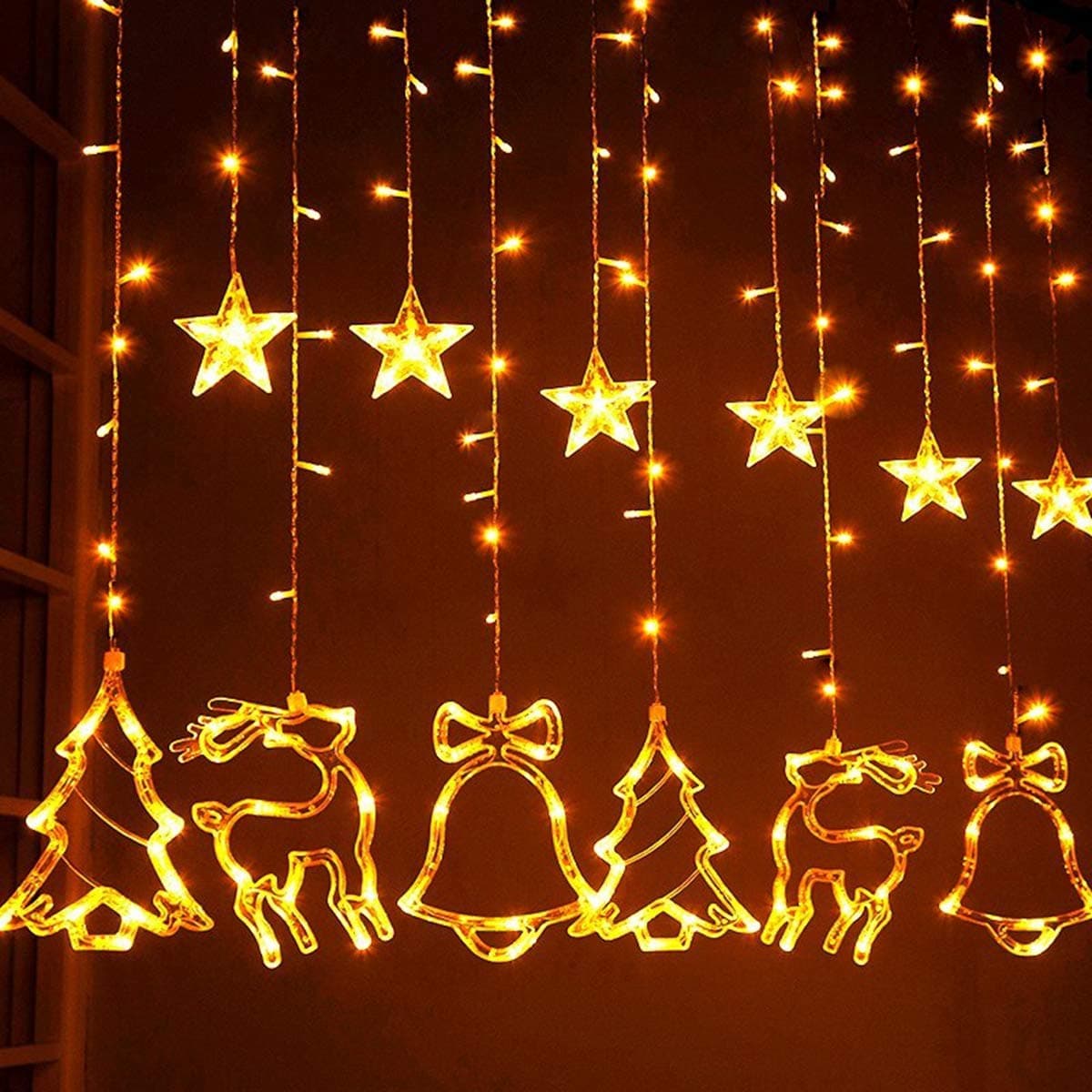 Christmas lights Window Curtain String Lights, 8 Flashing Modes, 6 Star, 2 Christmas Tree, 2 Small Bell and 2 Christmas Deer Light For Christmas Home Decorations, Wedding, Patio Lawn