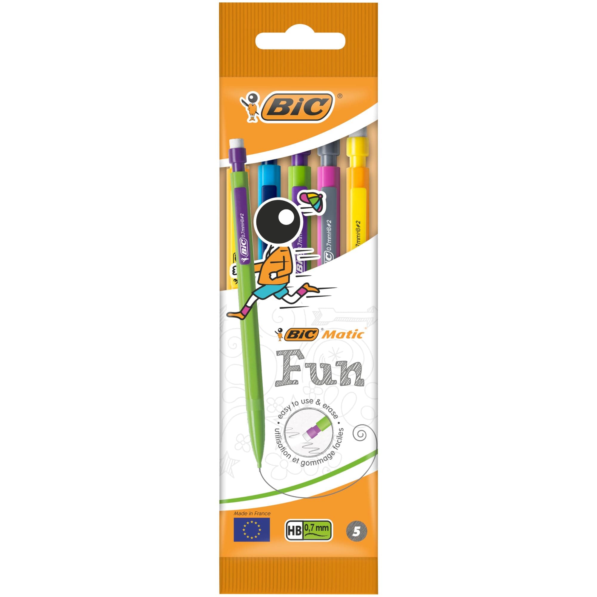 BIC Matic Fun Mechanical Pencil Set - HB 0.7mm Retractable Pencils with Rubbers on the End - Mixed Colours Pack of 5