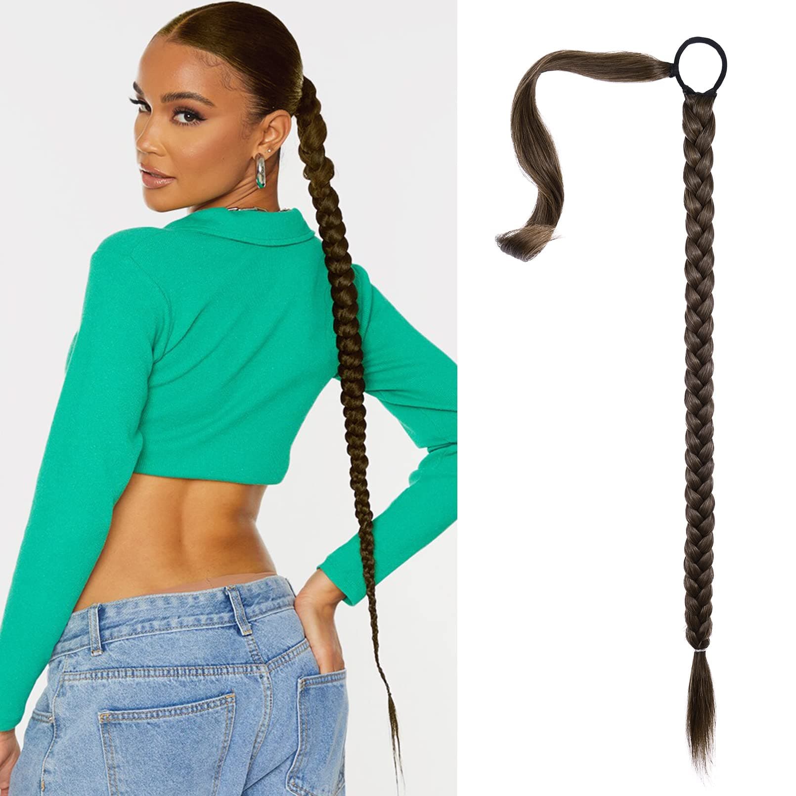 SEIKEA Upgraded Long Braid Ponytail Extension with Elastic Tie Straight Sleek Wrap Around Braid Hair Extensions Ponytail Medium Brown Golden Brown Highlights 34 Inch (After Braided 30 Inch)