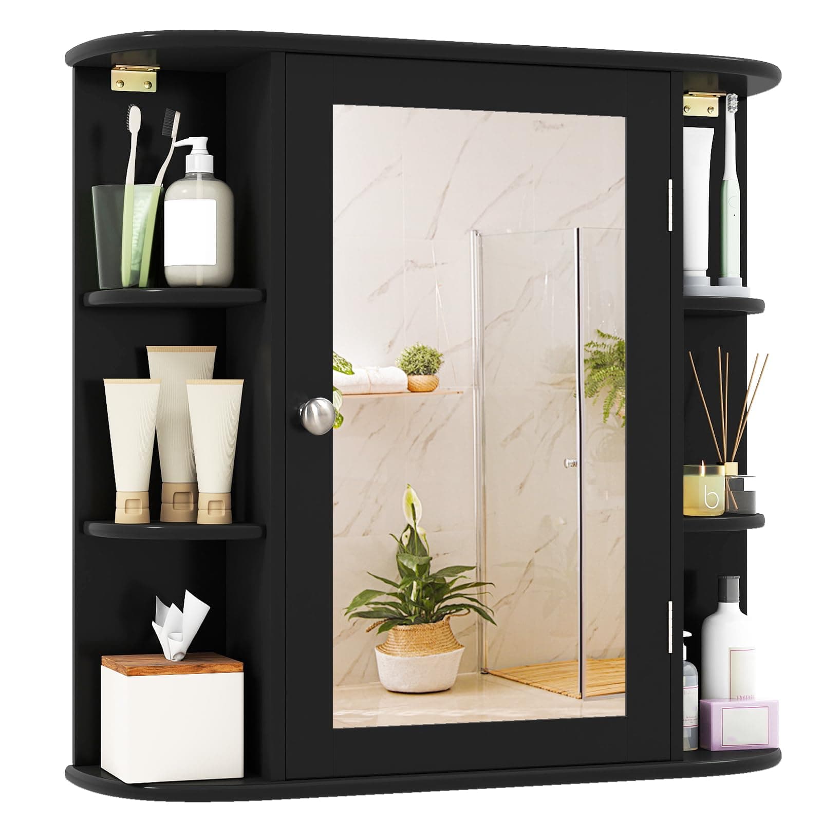 Bathroom Medicine Cabinet with Mirror, Modern Wall Mounted Space-Saving Storage Organizer with Mirrored Door, 4 Internal Shelves & 6 Open Side Shelves, Bathroom Wall Cabinet (Black)