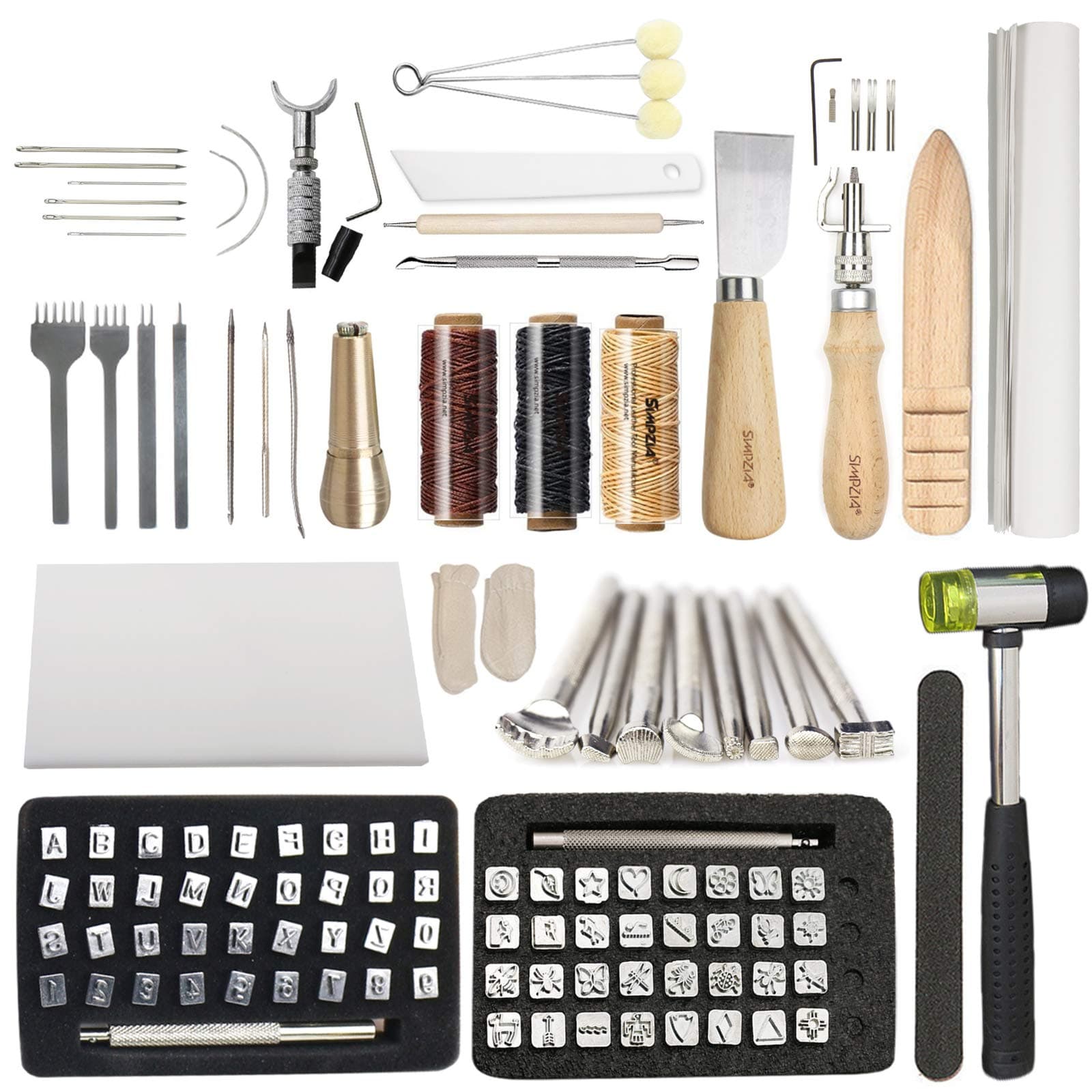 119PCS Leather Tools SIMPZIA Leather Craft Stamping Tools with 36PCS Letter Number Stamps Punch Set, 41PCS Leather Working Saddle Making Tools, Tracing Paper, Adjustable Swivel Knife for Leather Craft