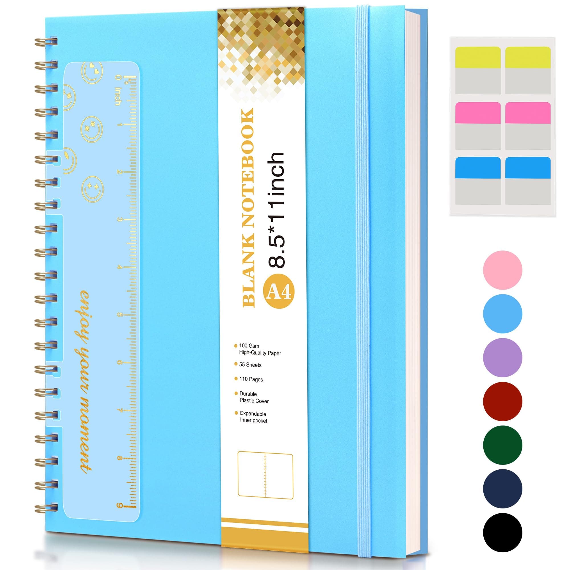 Blank Spiral Notebook Journal 8.5” x 11”, A4 Large Sketch Book for Women Men, 100 GSM Blank Paper Drawing Notebook, Plastic Hardcover Spiral Bound Sketchbook for Sketching Work School Writing, Blue