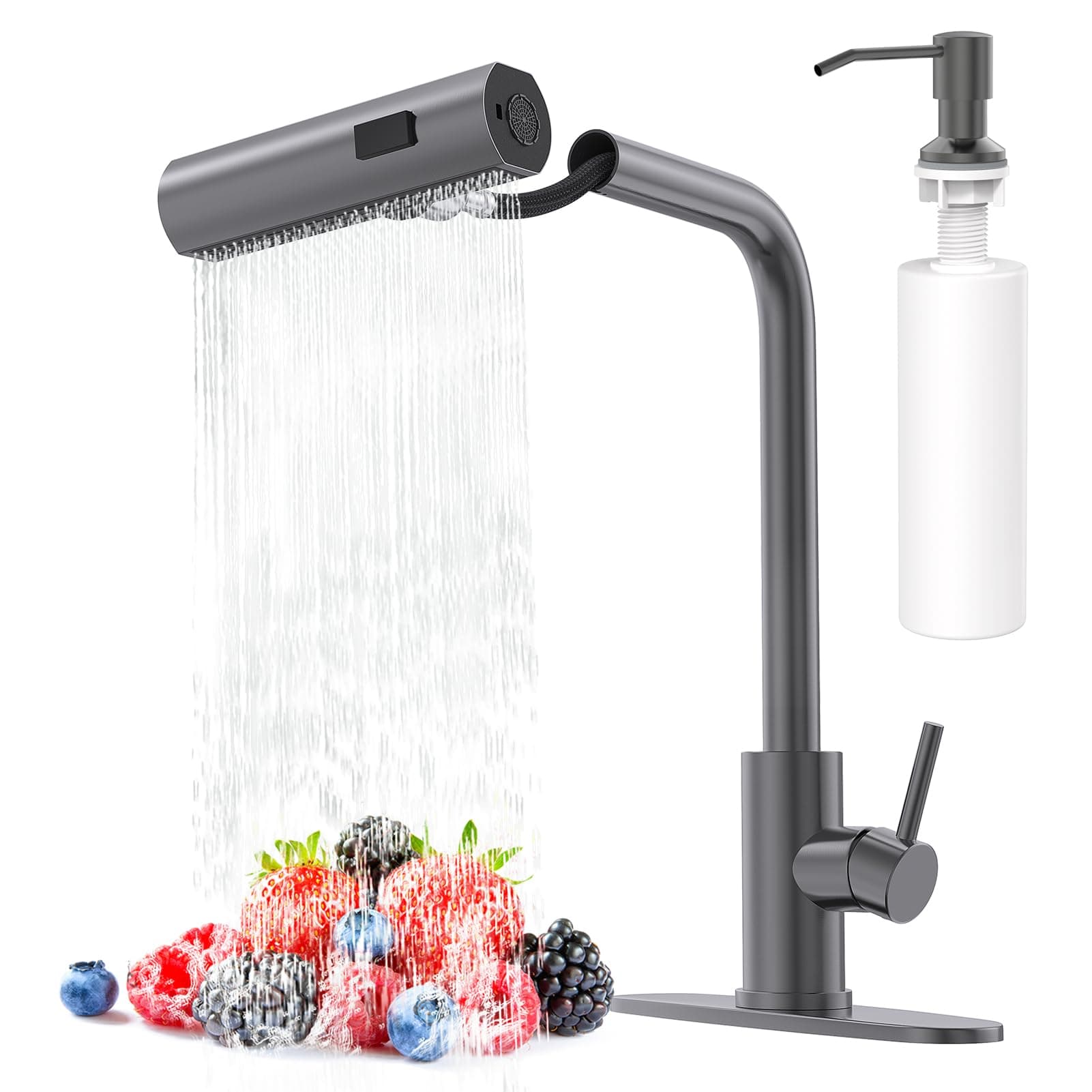 Waterfall Kitchen Faucets with Pull Down Sprayer & Soap Dispenser, Single Hole, Single Handle, Pull Out Tap, Stainless Steel Sink Faucet in Gray, Suitable for Farmhouse Camper Laundry Rv Bar