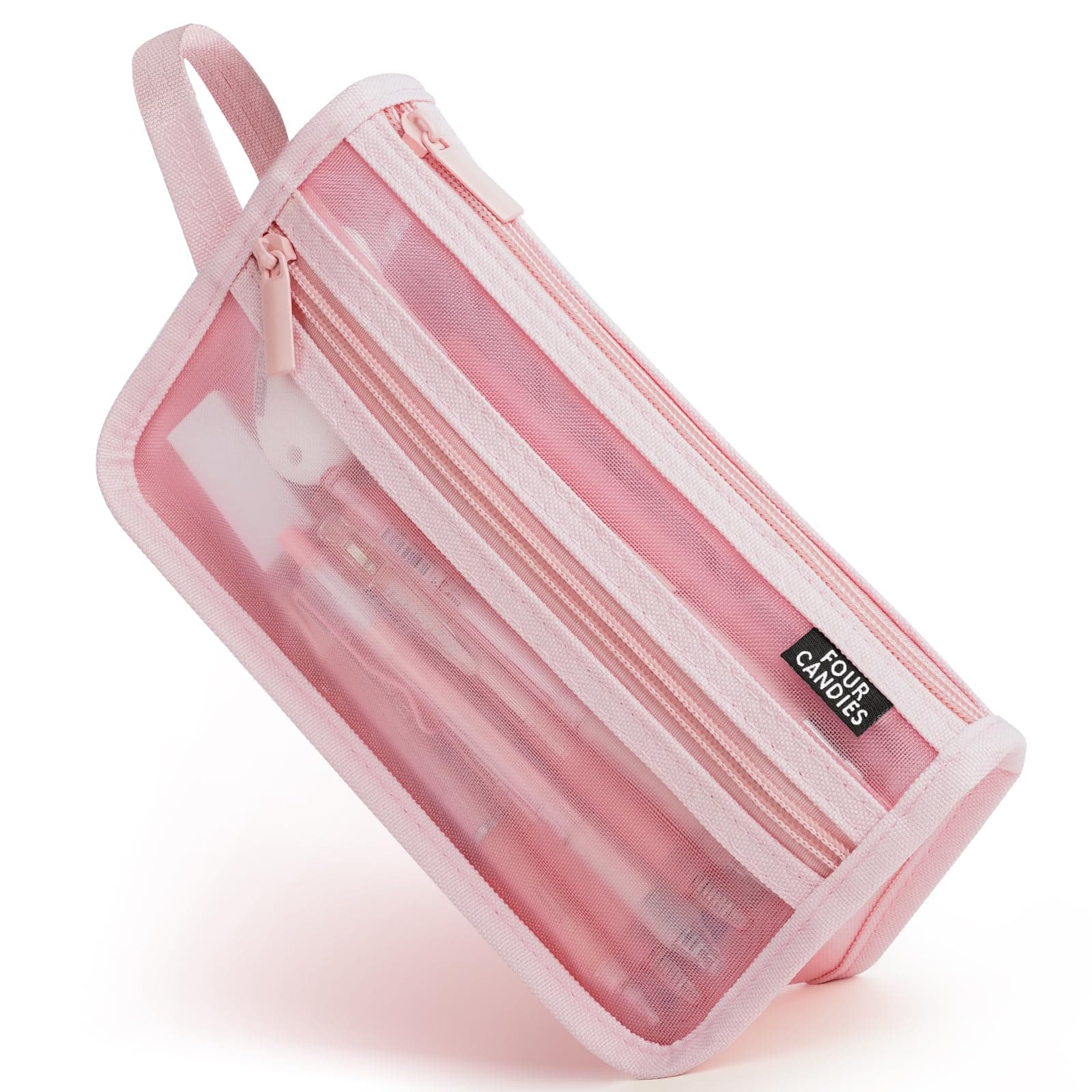 Grid Mesh Pencil Case with Handle and Zipper, Clear Double-layer Pencil Pouch Marker Pouch, Travel Makeup Bag, Cute Transparent Stationary Organizer Pen Bag for Adult Office College