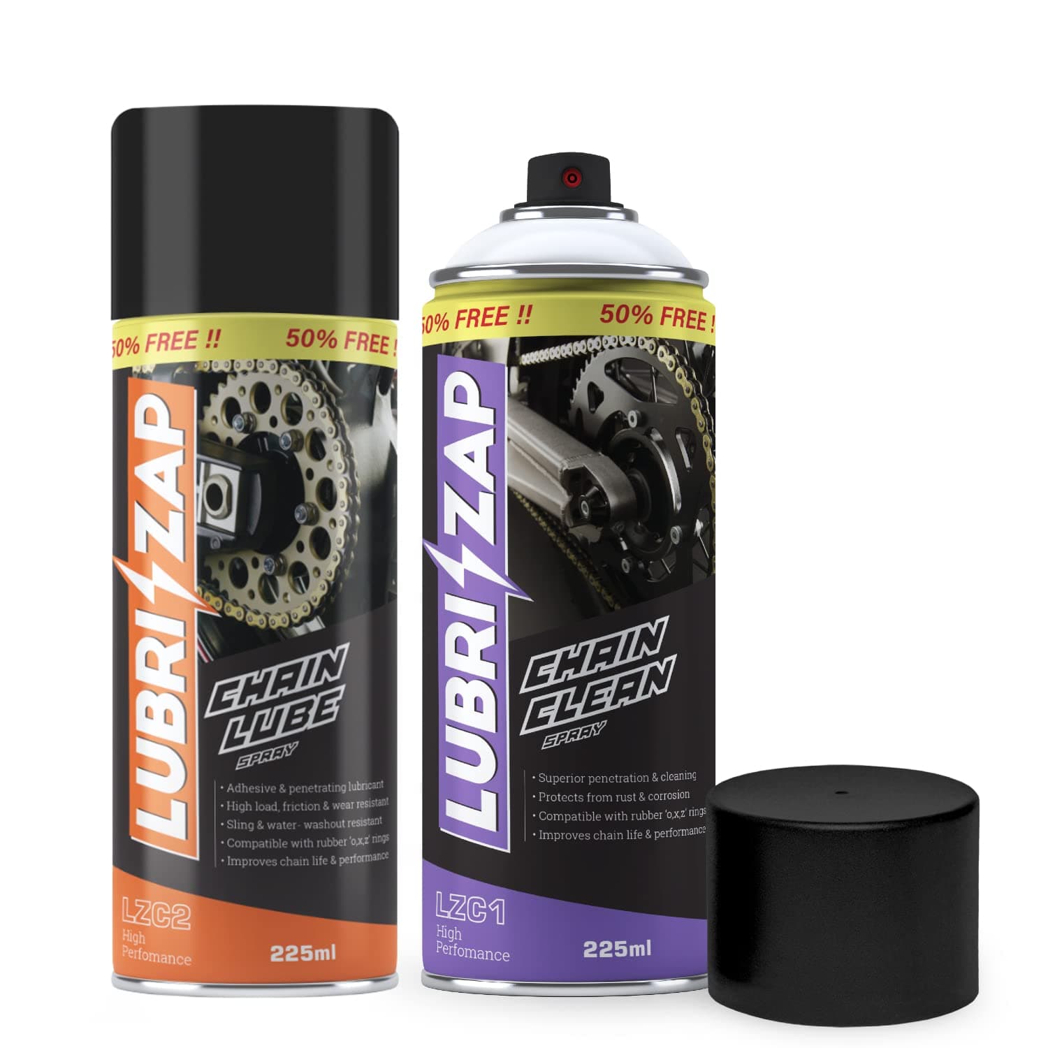 Shadow Securitronics Lubrizap Combo (Chain Cleaner + Chain Lube) 225 ml Lubricant Spray for All Bikes | Chain Lube Reduces Friction and Loss of Power|Chain Clean Prevents from Rust & Corrosion