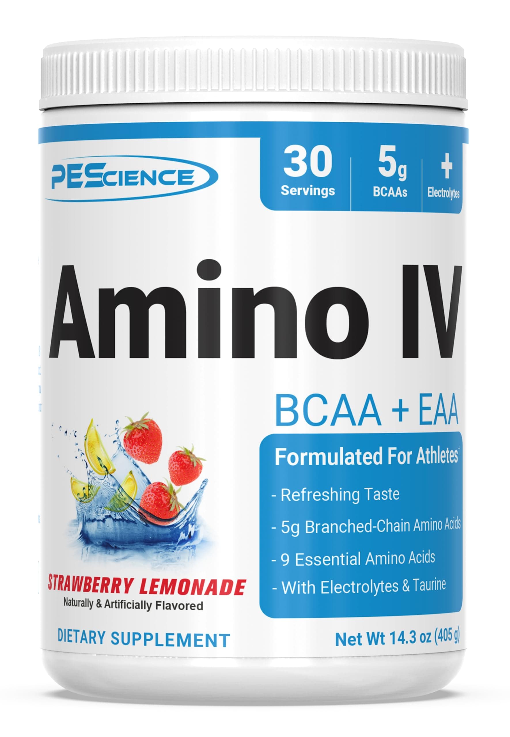 Amino IV BCAA & EAA Powder, Essential Amino Acids, Taurine, Electrolytes for Hydration and Muscle Recovery, Sugar Free for Men & Women, Post Workout - Strawberry Lemonade, 30 Servings