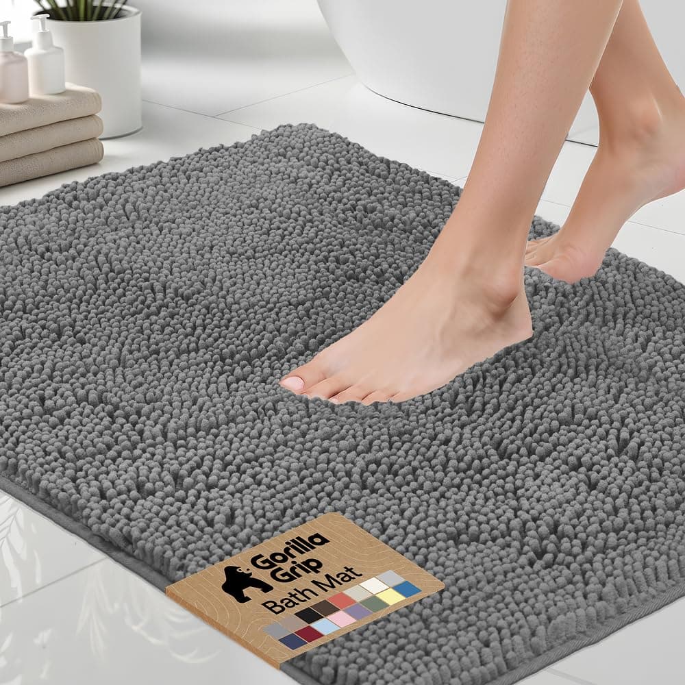 Gorilla Grip Chenille Bath Rug Mat, 43 x 61 cm (Rectangular), Grey