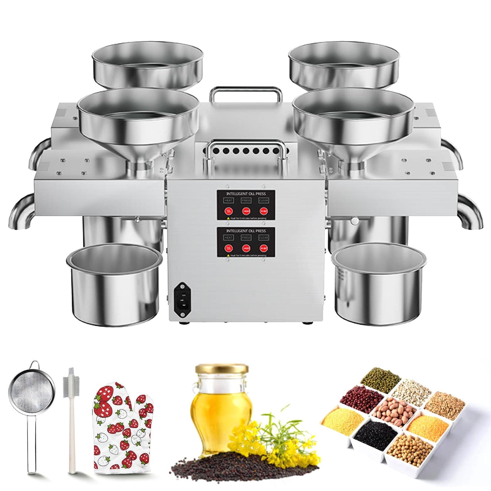 4-in-1 Electric Oil Press Machine with Control Panel, Cold/Hot Press Oil Extractor - 12-25 kg/h Output, 0.3-1.2 kWh, for Kitchen, Market, Restaurant