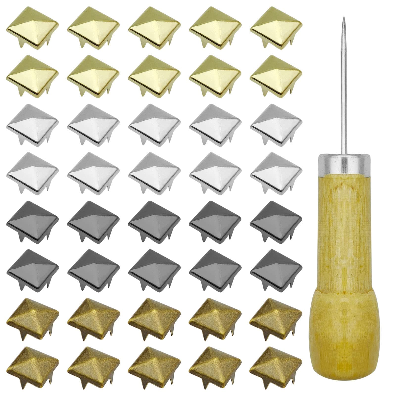 400Pcs 10mm Square Pyramid Studs Four-Jaw Square Rivets for Bag Leather Clothing Shoes Jewelry DIY Craft Metal Punk Spikes Spots Studs Nailheads Accessories with Straight Tipped Scratch Awl(4 Colors)