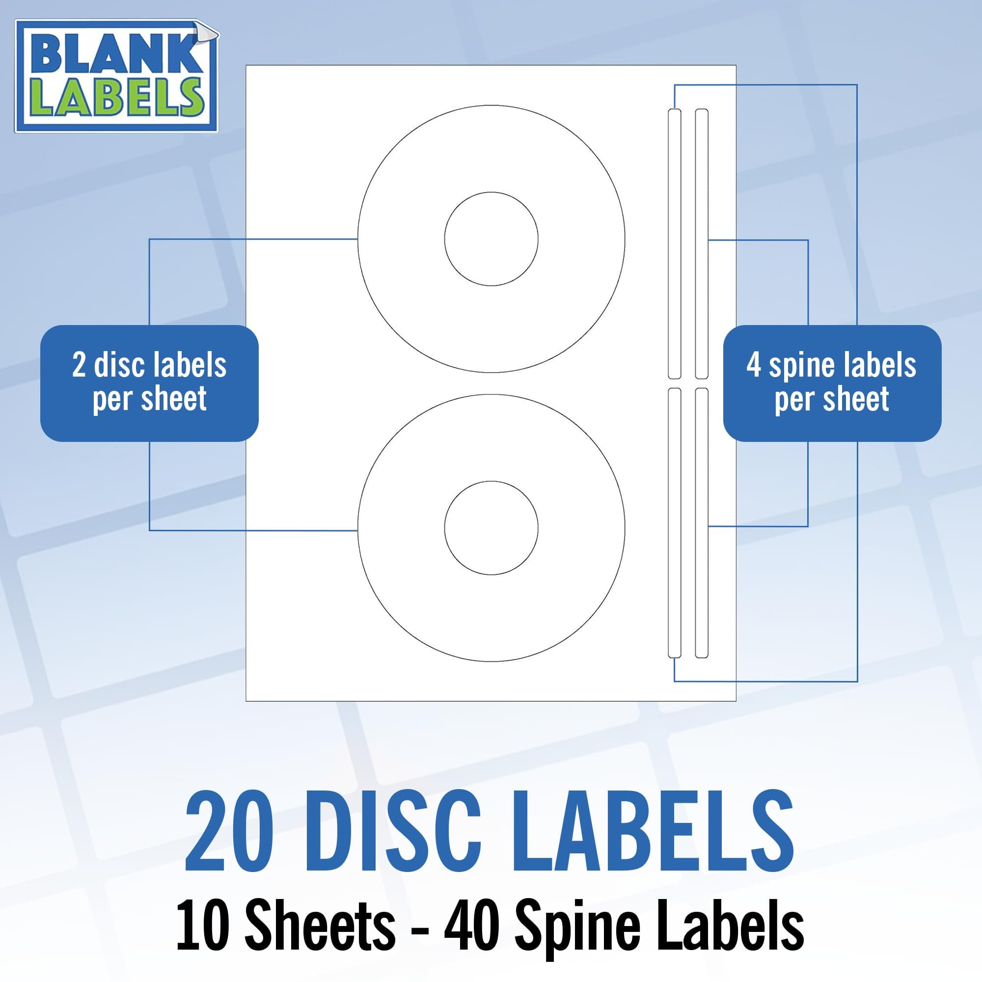 CD/DVD Label Full Face | Qty 20 Disc, 40 Spine | 10 Sheets Total | Permanent White Matte | Compatible with Inkjet and Laser Printer | Blank Labels