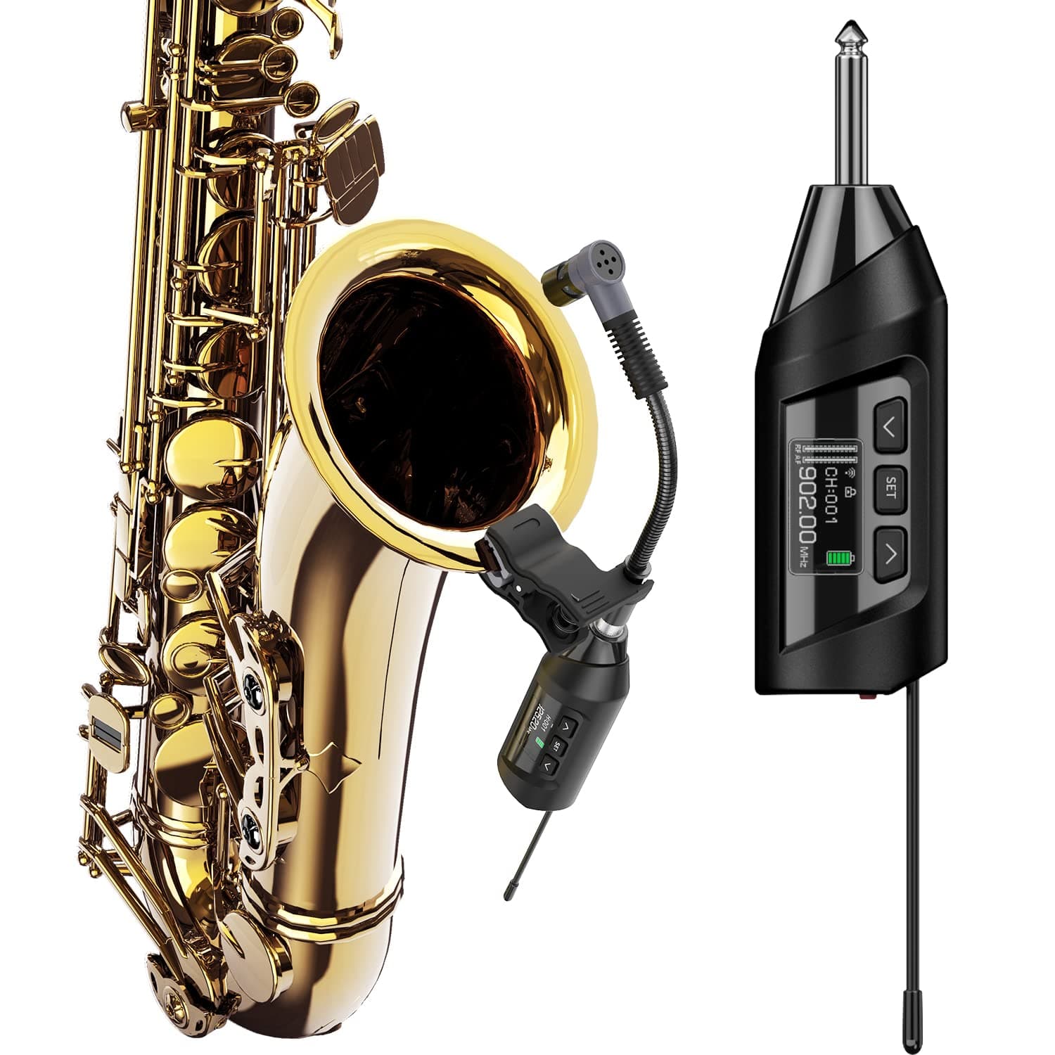 Wireless Saxophone Microphone System, Clip-On Instrument Microphone for Sax and Trumpet, Preset EQ & Echo Level 196 Ft Transmission Rechargeable Compact Transmitter and Receiver 4.5 Hours