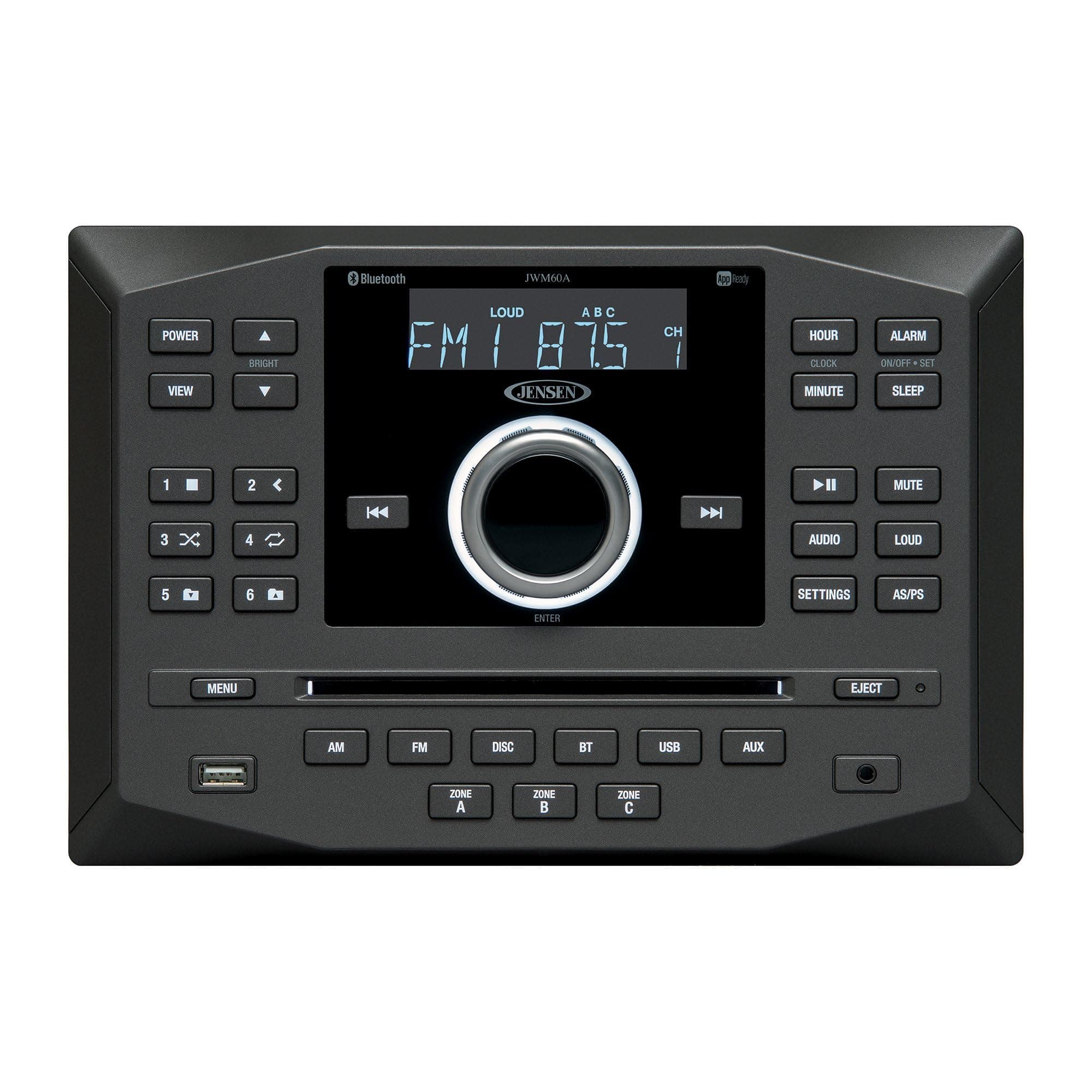 JWM62A AM|FM|DVD|CD|USB|AUX|App Ready Bluetooth Wallmount Stereo w/ App Control, 3-Speaker Zones / 8 Speaker Output 8X 6 Watt, Receives Bluetooth Audio (A2DP) & Controls (AVRCP) from Devices