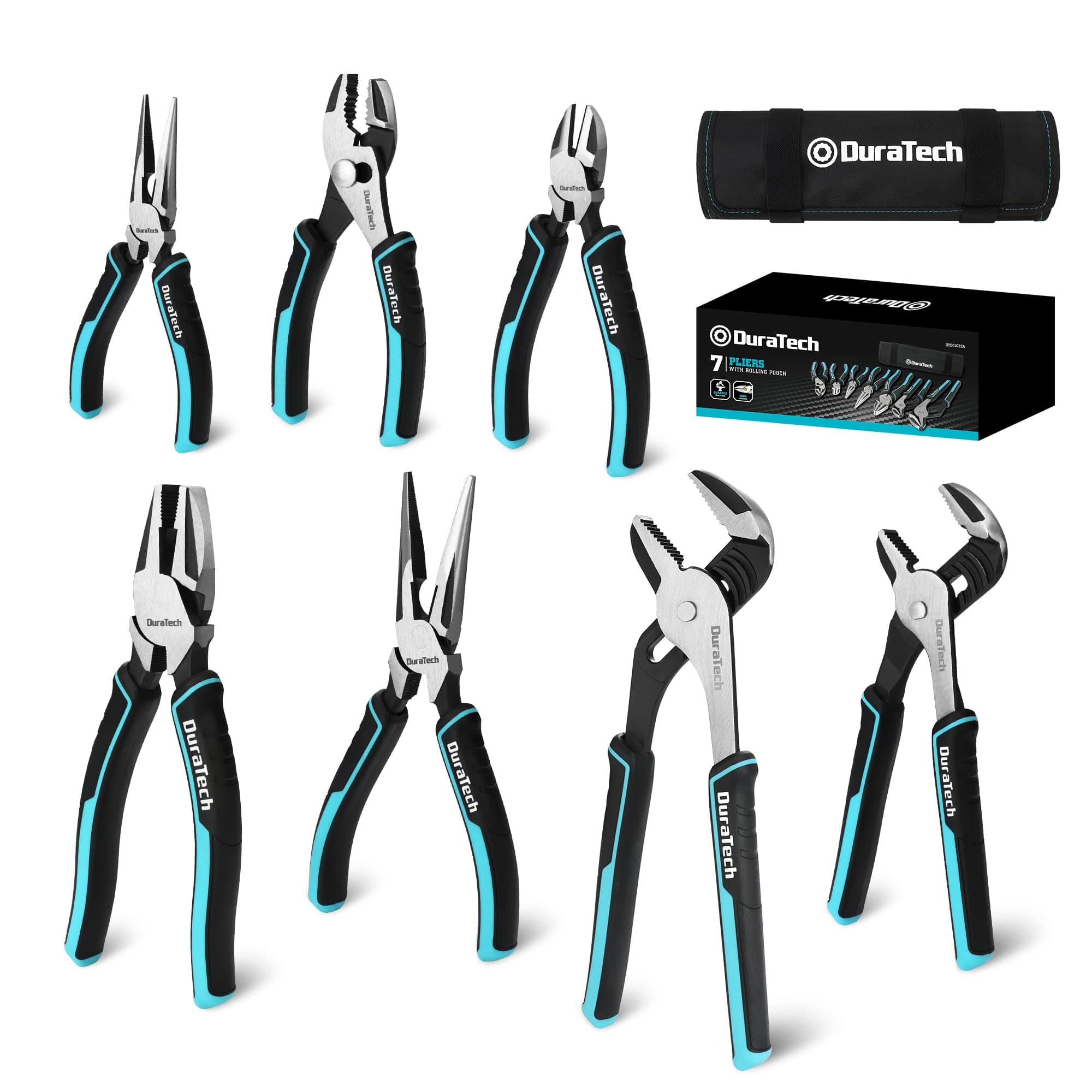 7-Piece Pliers Set with Rolling Pouch, Premium Cr-Ni Construction (10", 8" Groove Joint Pliers, 8", 6" Long Needle Nose, 8" Linesman, 6" Slip Joint, 6" Diagonal) for Basic Repair