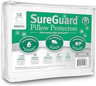 Set of 2 SUREGUARD Pillow Protectors - 100% Waterproof, Bed Bug Proof, Hypoallergenic - Premium Zip Cotton Terry Covered - 10 Year Guarantee Soft Cotton, White, Toddler/Travel