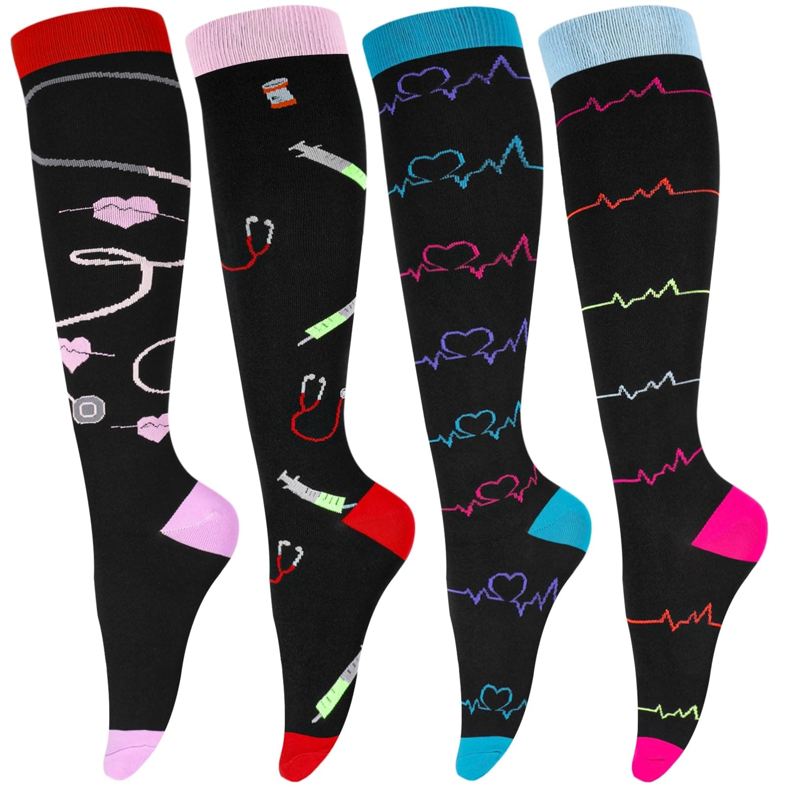 4 Pairs Compression Socks for Nurses 20-30 mmHg Knee High Flight Socks Surgical Compression Sock for Nursing Pregnancy Sports Travel Flight